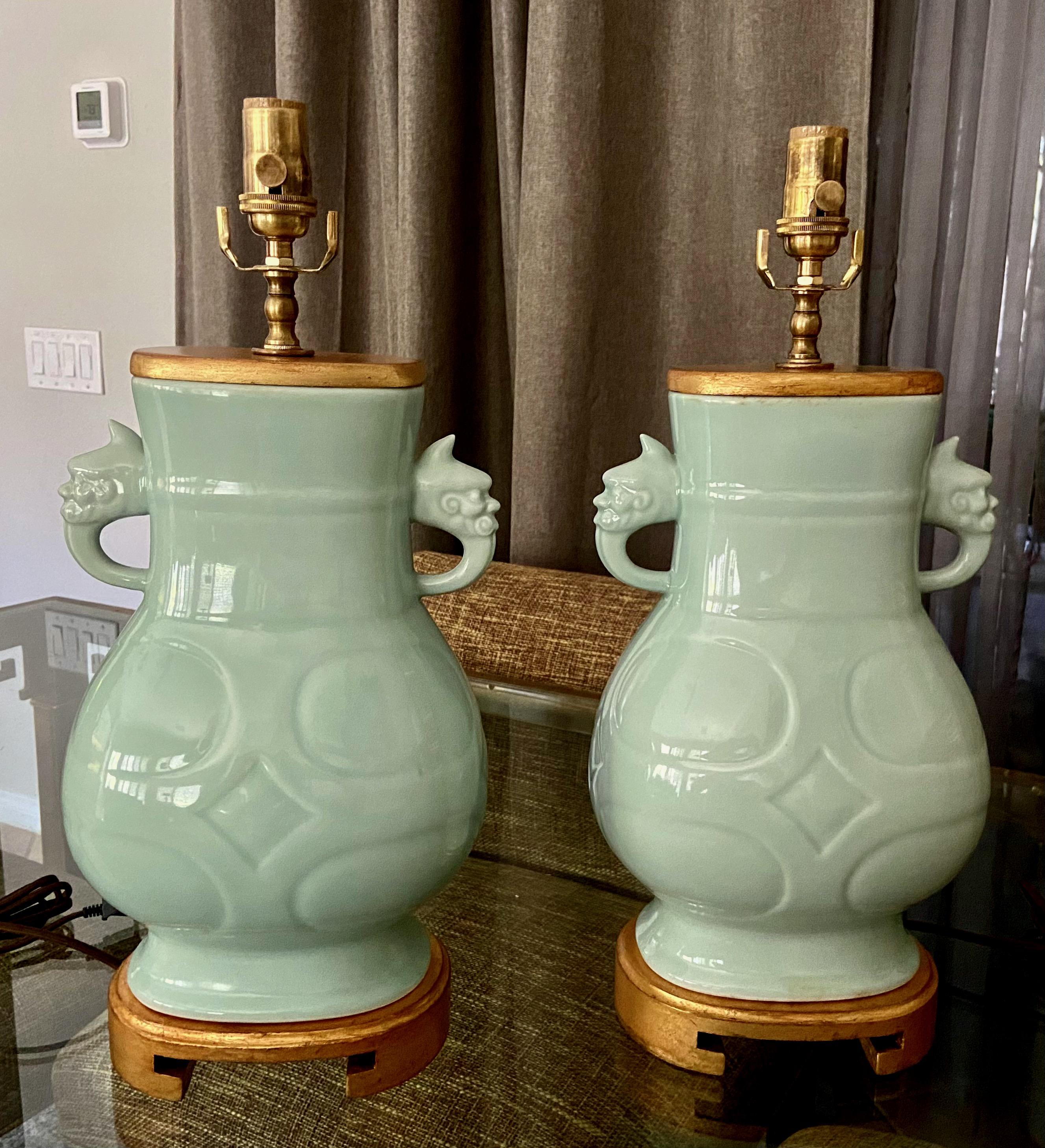 Brass Pair Chinese Celadon Green Porcelain Table Lamps For Sale
