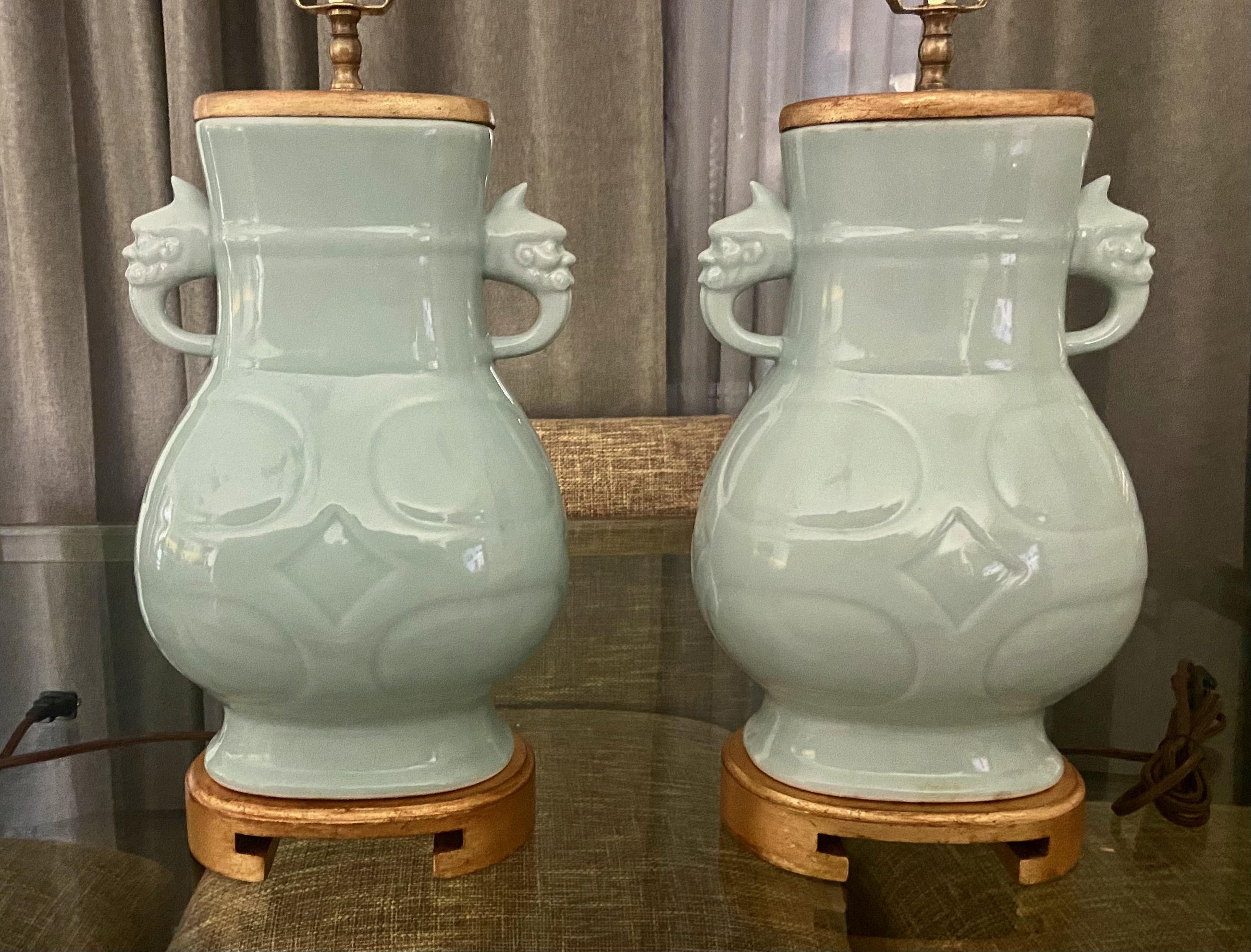 Pair Chinese Celadon Green Porcelain Table Lamps For Sale 1