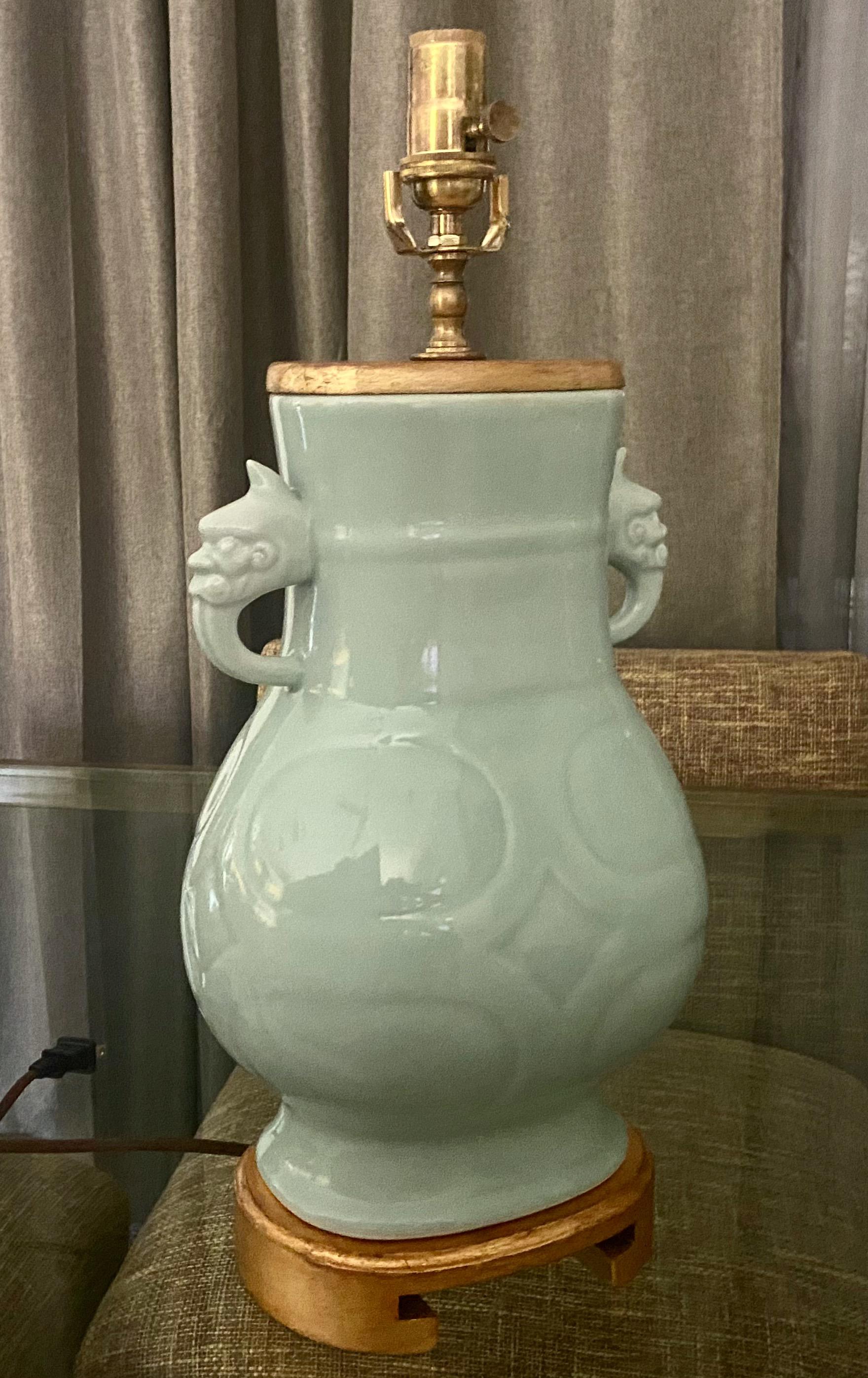 Pair Chinese Celadon Green Porcelain Table Lamps For Sale 2