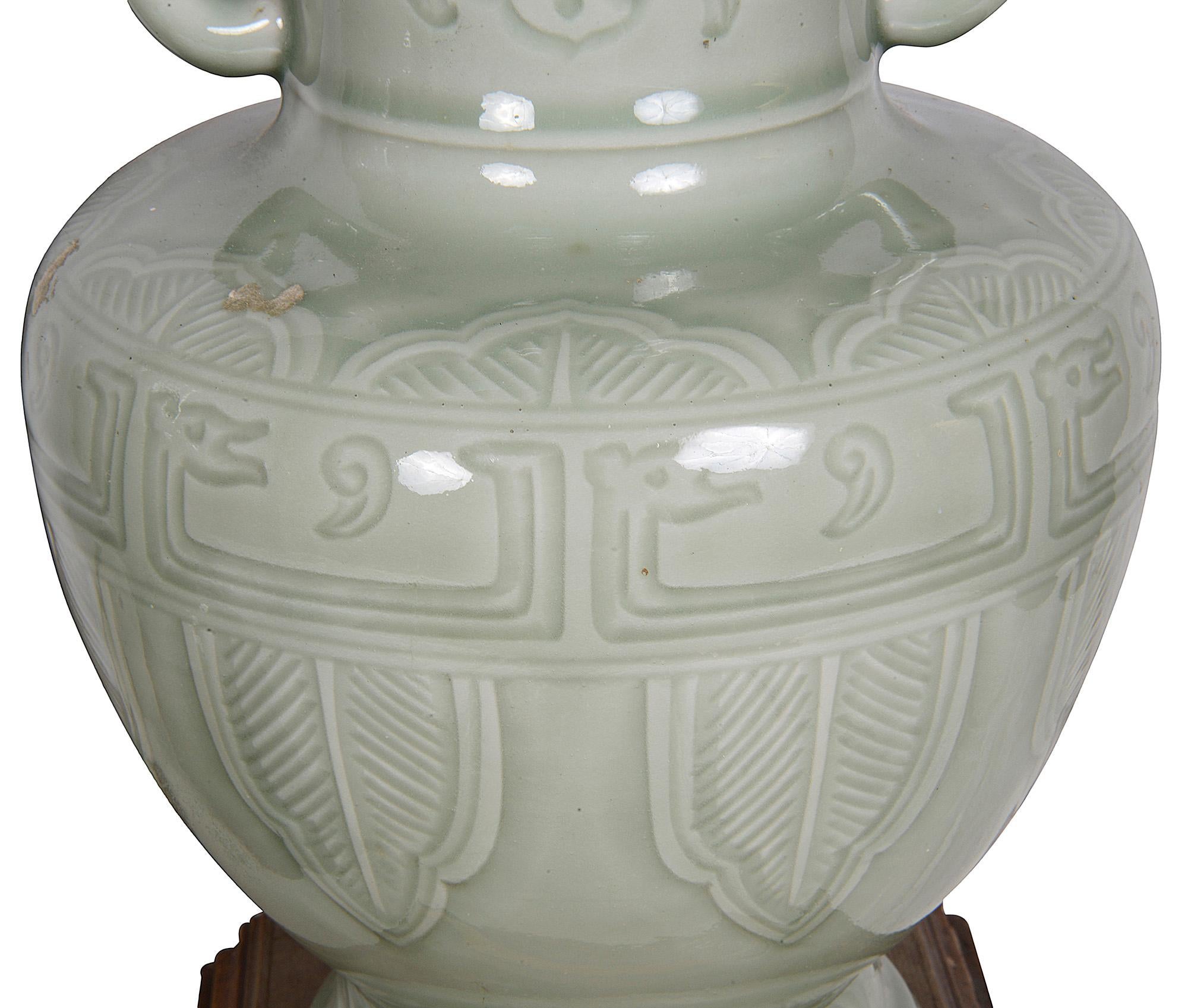Chinese Export Pair Chinese Celadon Porcelain Vases / Lamps, circa 1900 For Sale