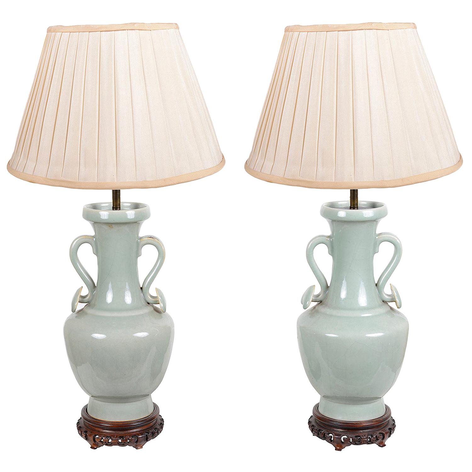 Pair of Chinese Celadon Porcelain Vases / Lamps, circa 1920 For Sale