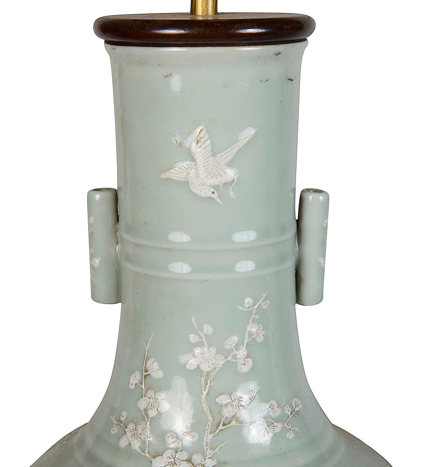 Hand-Painted Pair Chinese Celadon vases / lamps, late 19th Century. For Sale