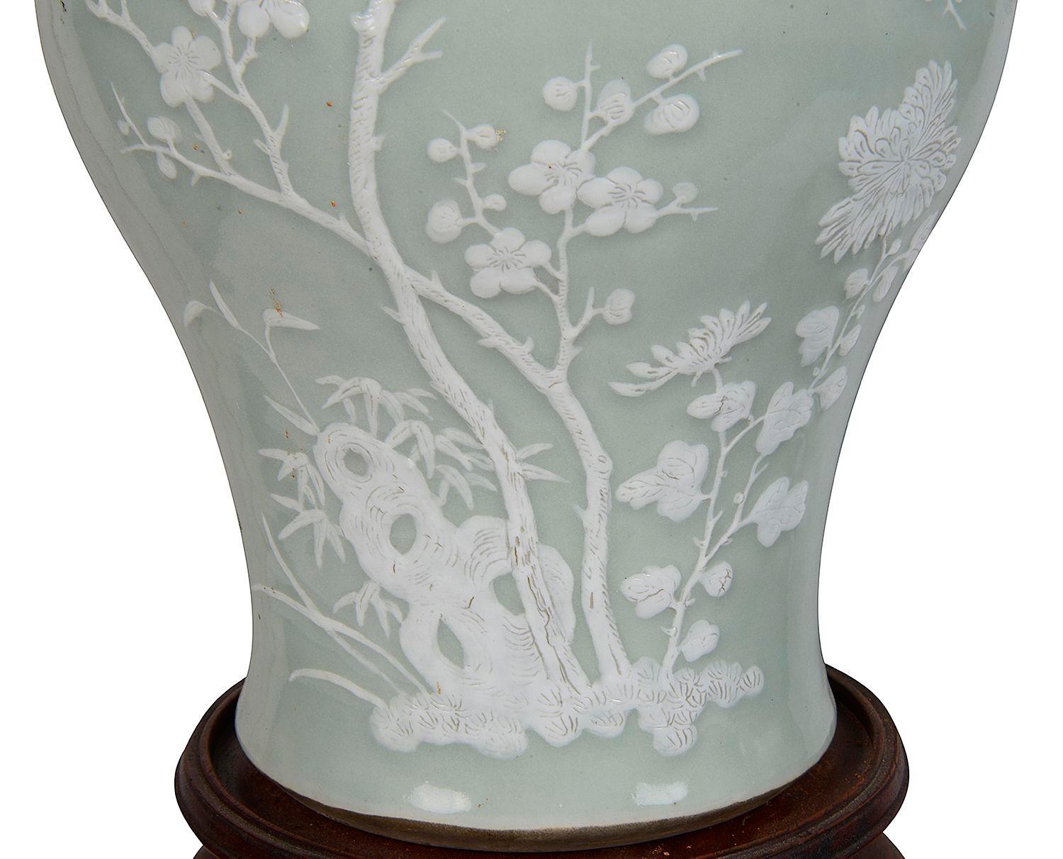 Pair Chinese Celadon vases / lamps, late 19th Century. For Sale 1