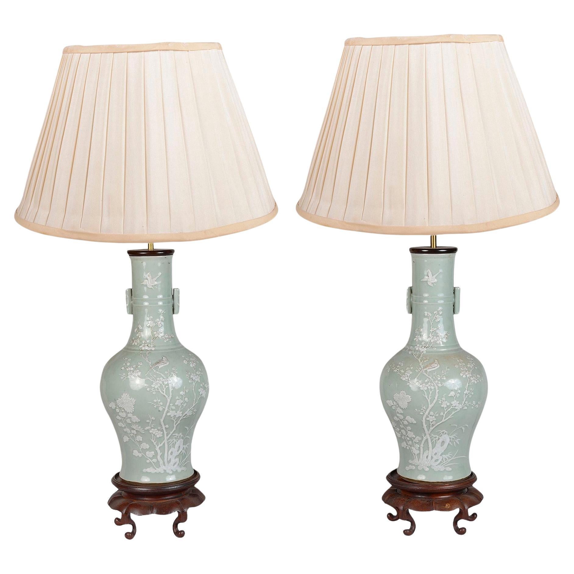 Pair Chinese Celadon vases / lamps, late 19th Century. For Sale