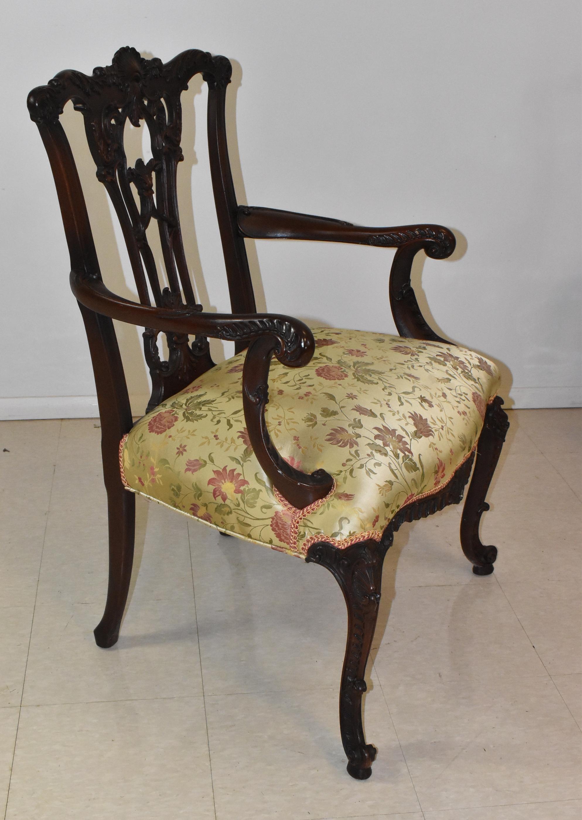 Pair of Chinese Chippendale armchairs carved mahogany frames, circa 1930s. Silk fabric. Old original finish.