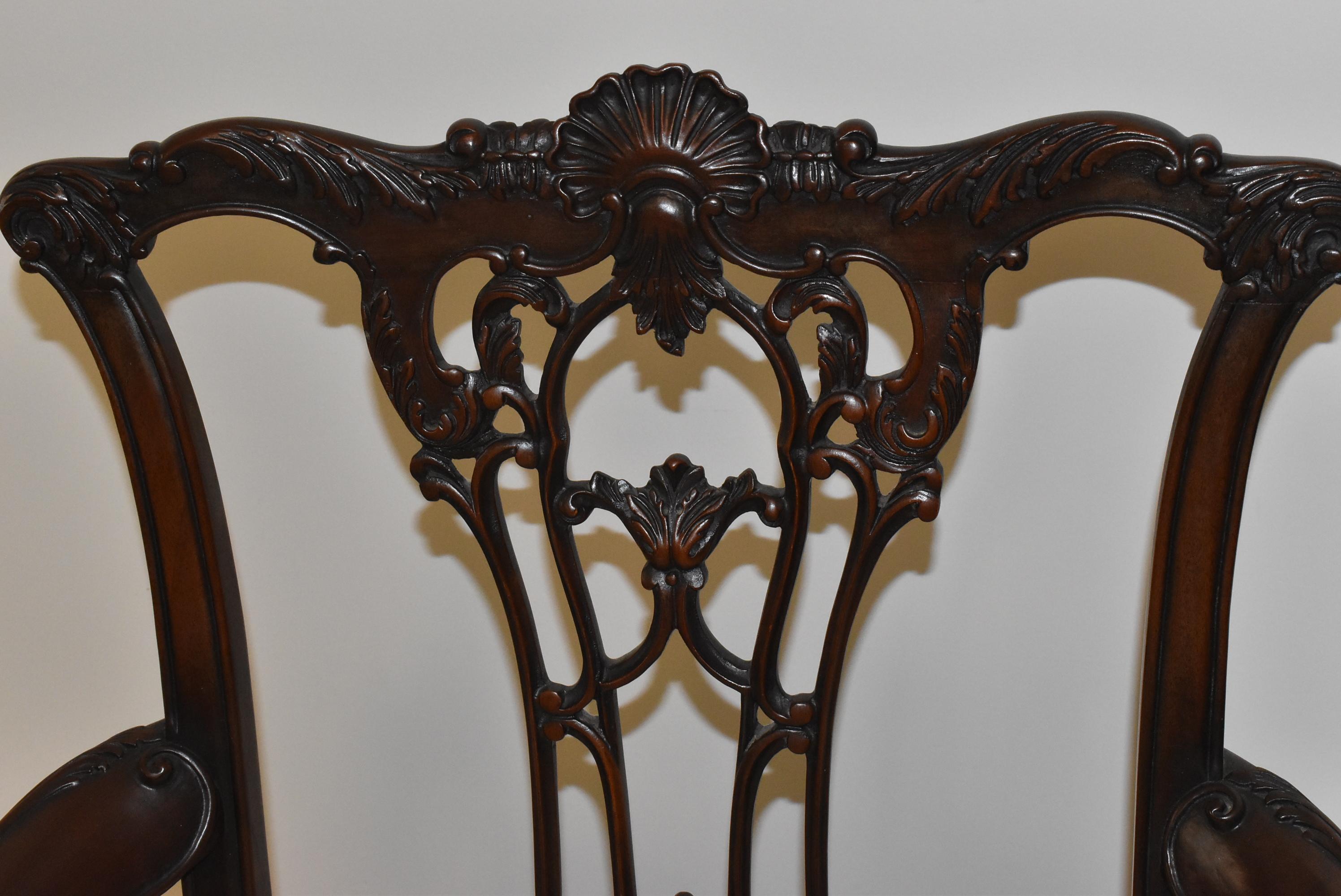 Pair of Chinese Chippendale Armchairs Carved Mahogany Frame 1