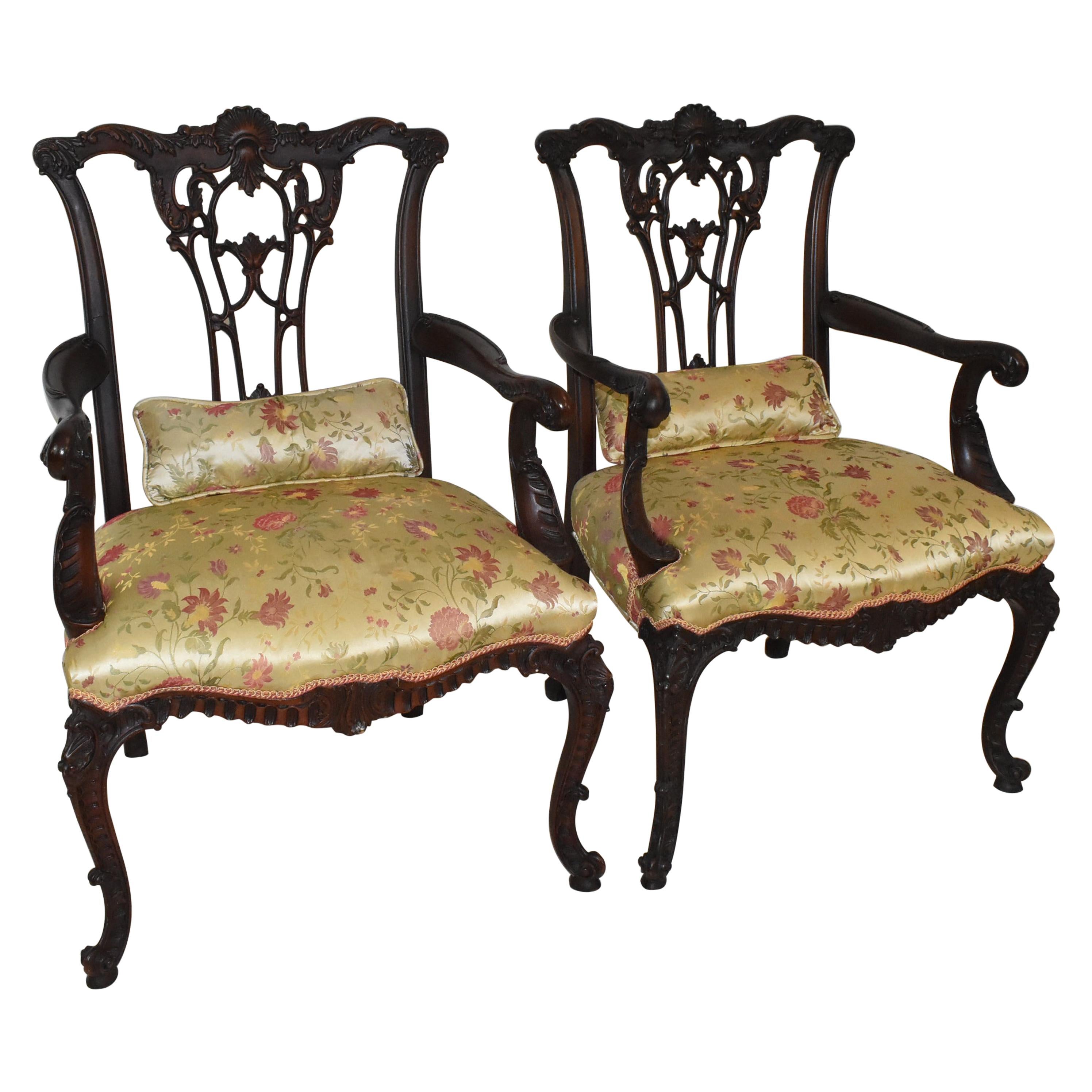 Pair of Chinese Chippendale Armchairs Carved Mahogany Frame