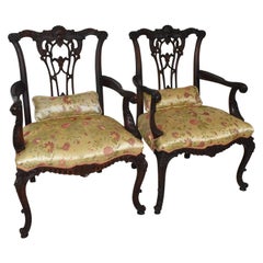 Pair of Chinese Chippendale Armchairs Carved Mahogany Frame