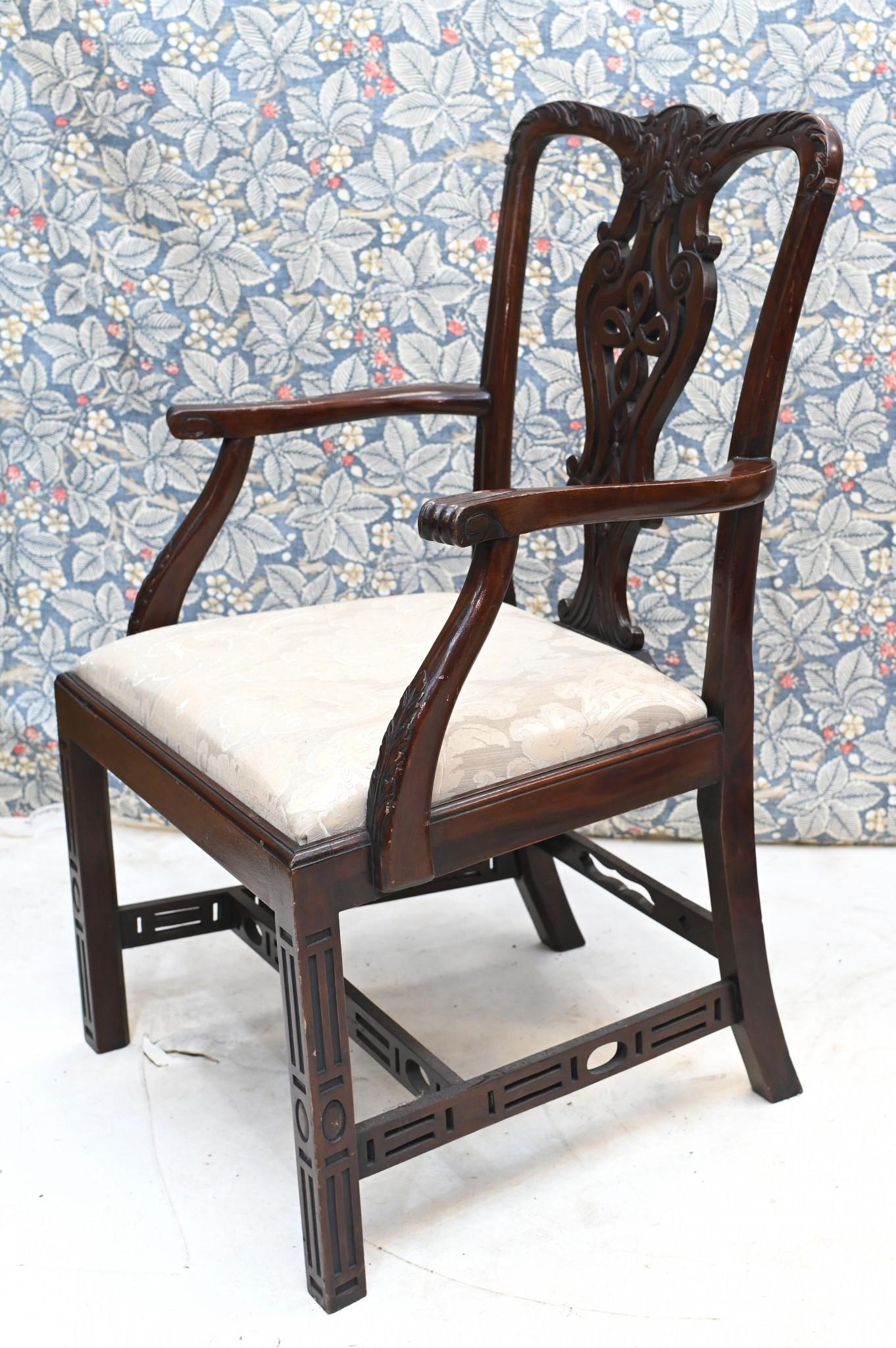 Early 20th Century Pair Chinese Chippendale Arm Chairs Mahogany For Sale