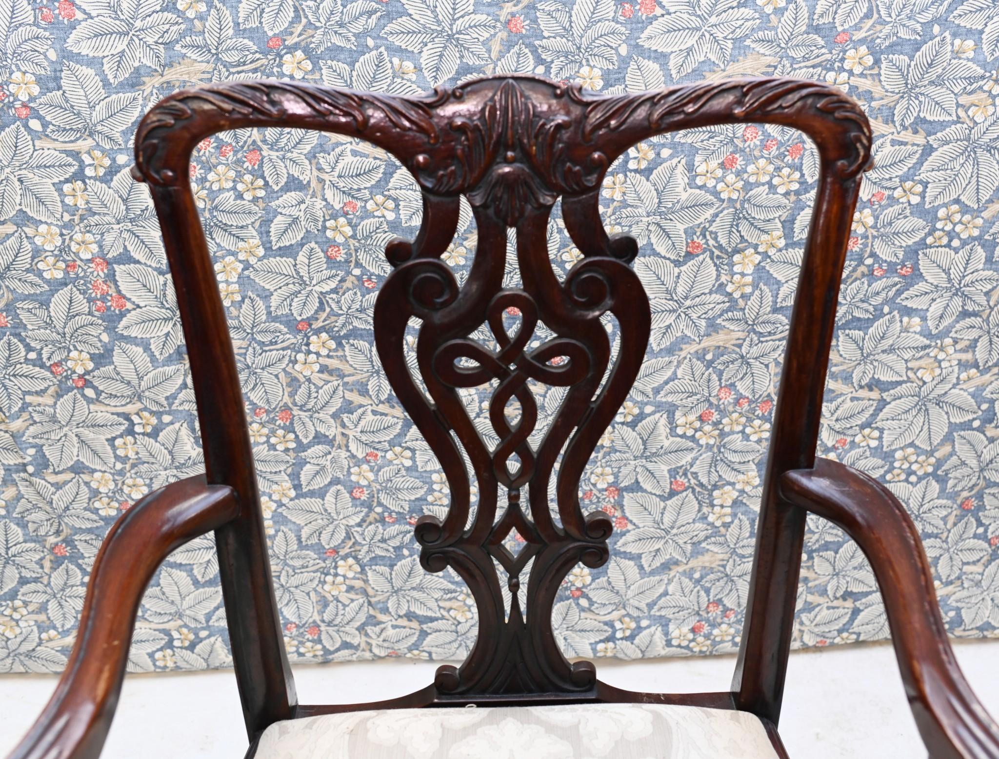 Pair Chinese Chippendale Arm Chairs Mahogany For Sale 1