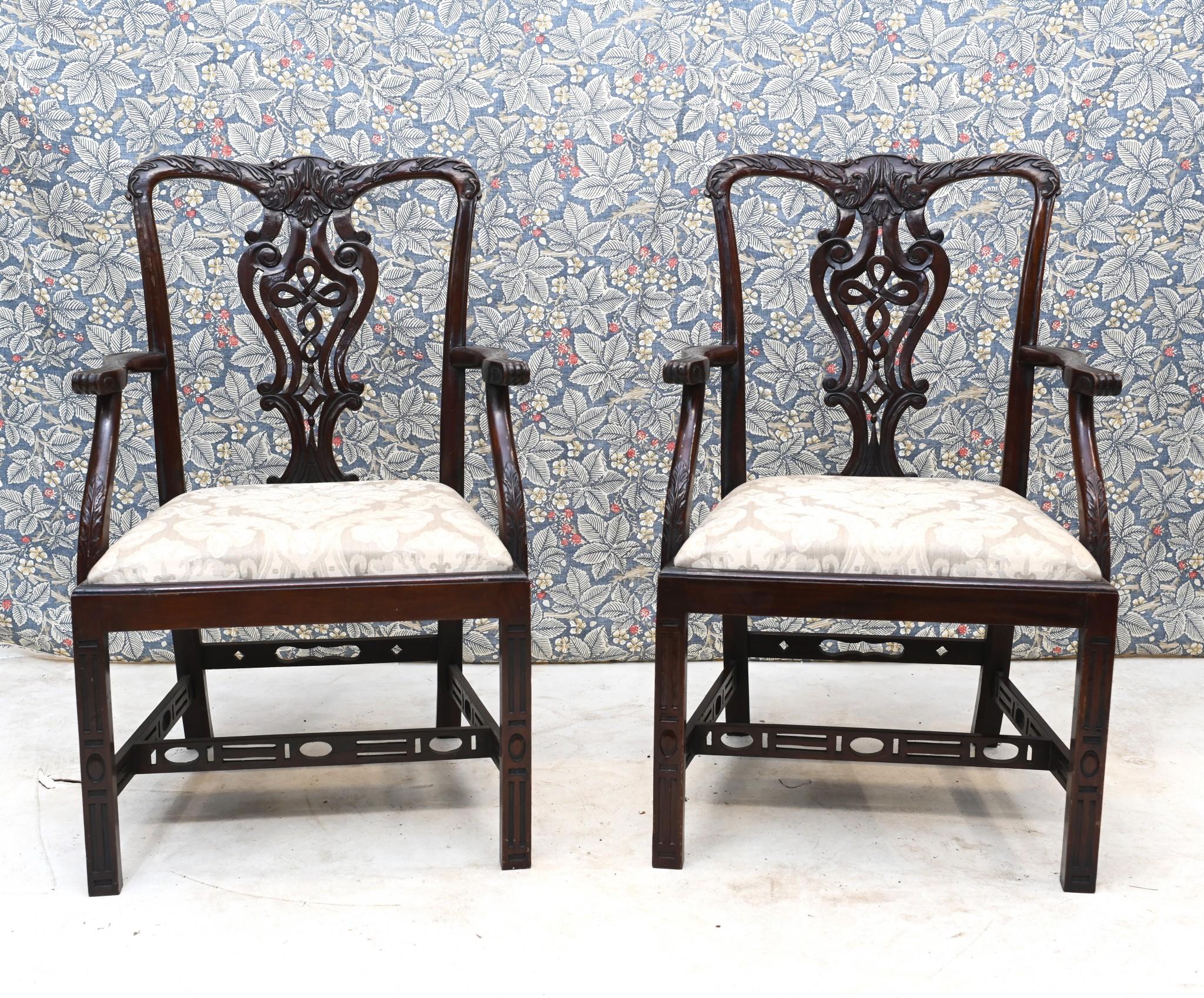 Pair Chinese Chippendale Arm Chairs Mahogany For Sale 4