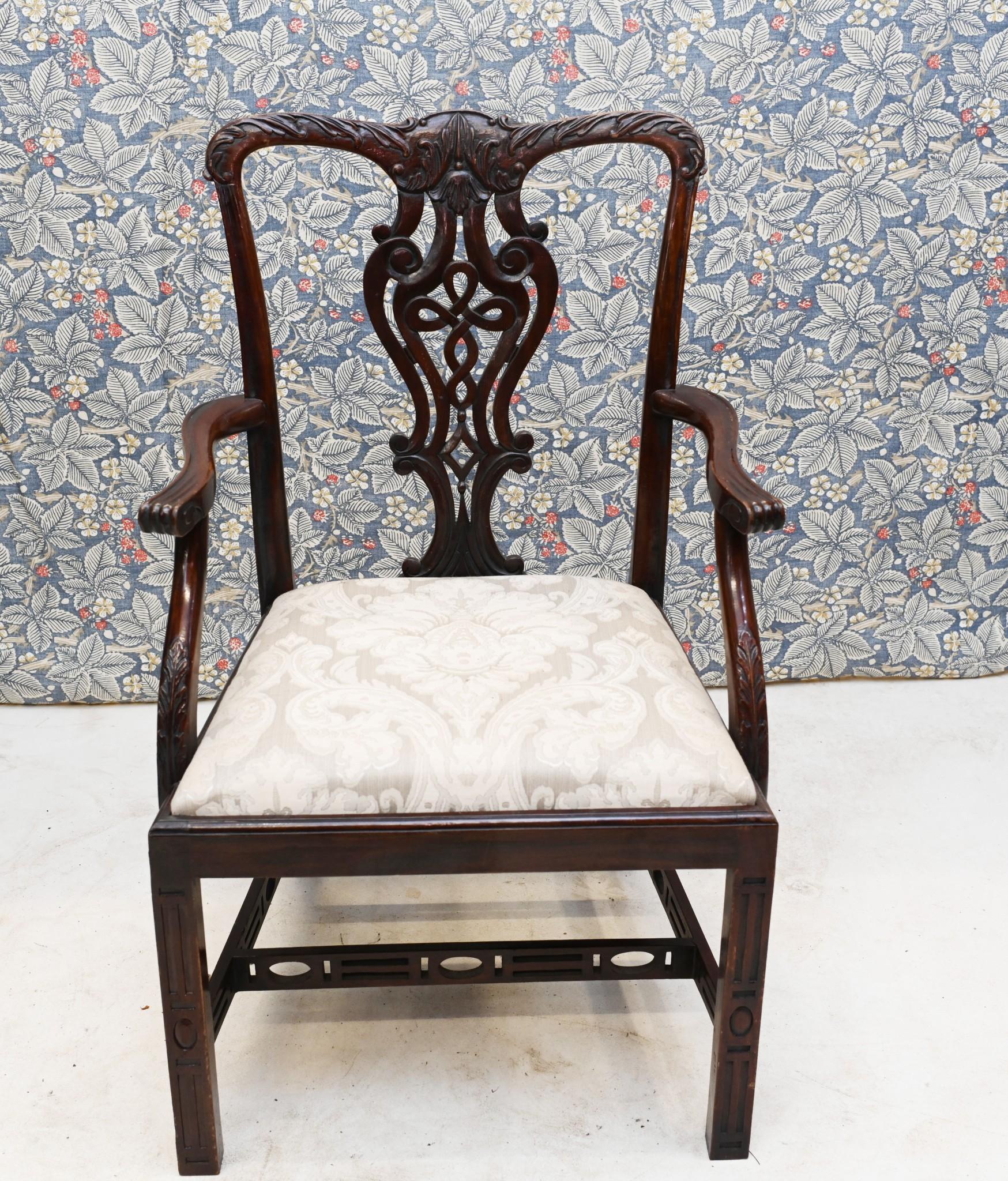 Pair Chinese Chippendale Arm Chairs Mahogany For Sale 5