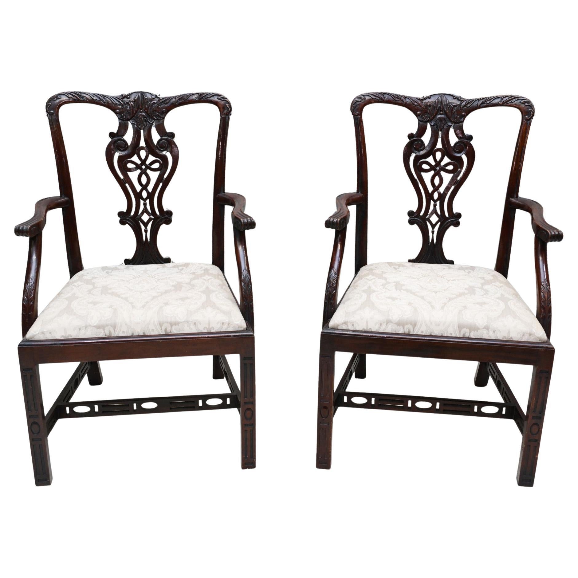Pair Chinese Chippendale Arm Chairs Mahogany