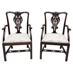 Antique Pair Chinese Chippendale Arm Chairs Mahogany