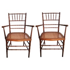 Pair Chinese Chippendale Armchair Wood Faux Bamboo 1970s
