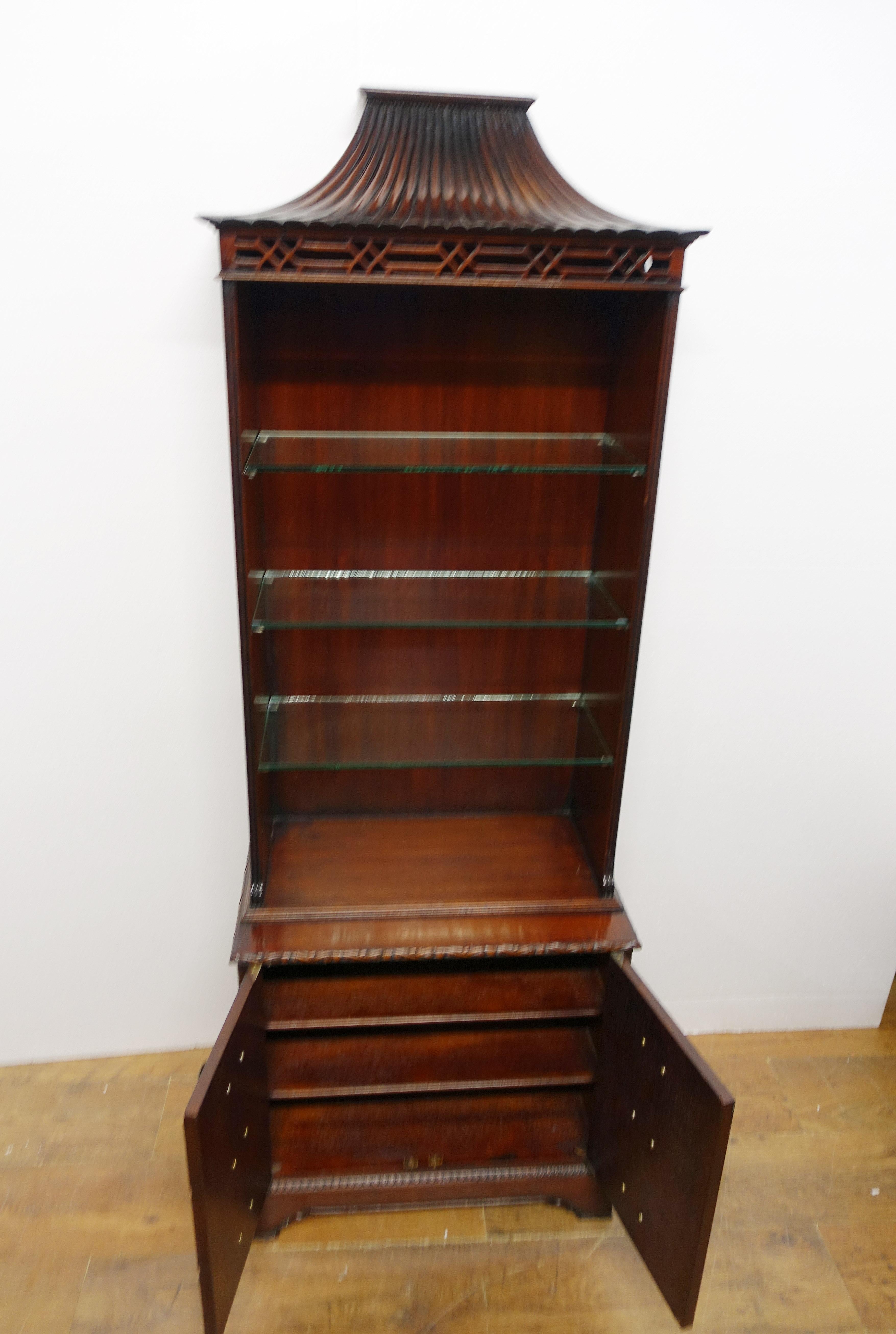 Pair Chinese Chippendale Bookcases Cabinets Mahogany Pagoda 1890 7