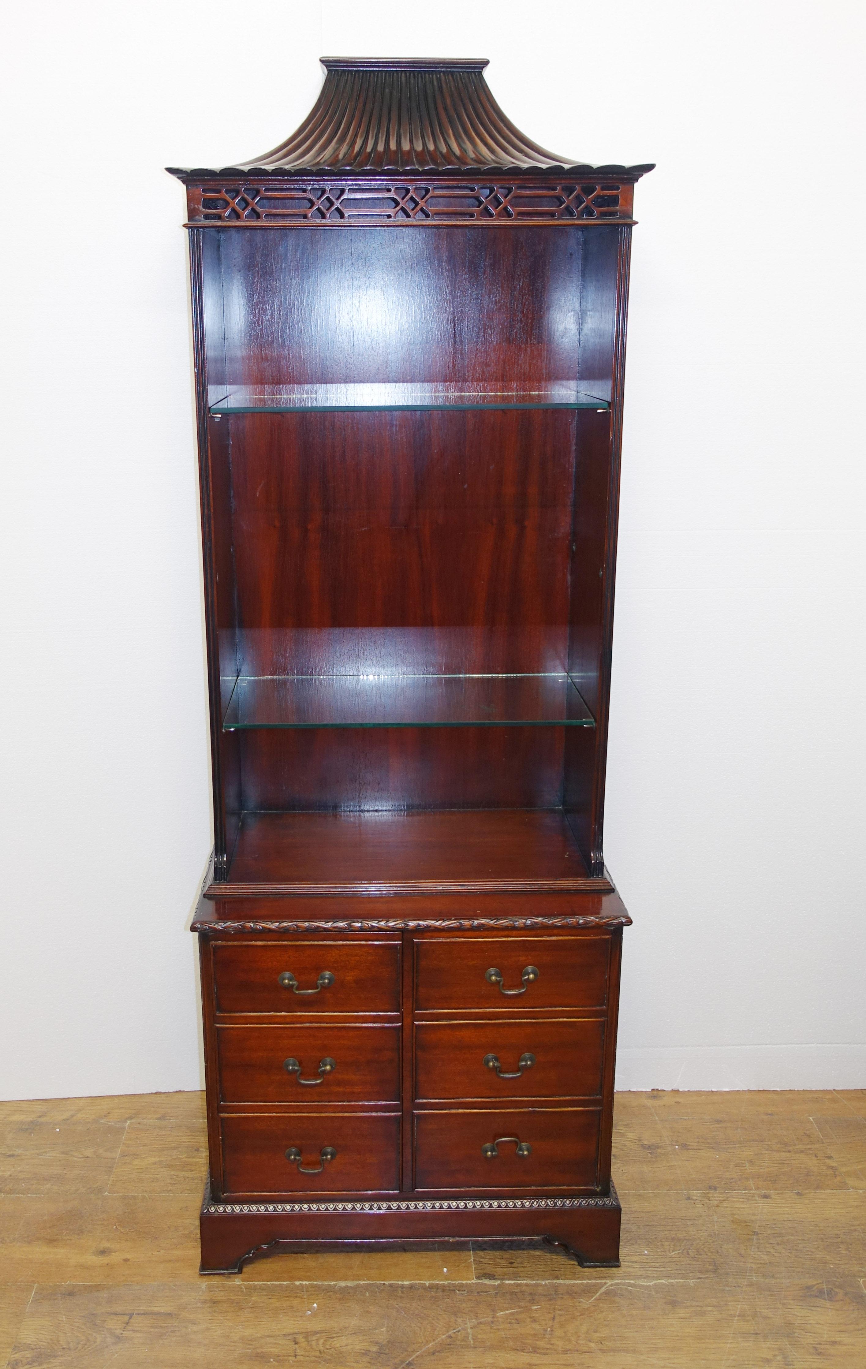 Pair Chinese Chippendale Bookcases Cabinets Mahogany Pagoda 1890 13