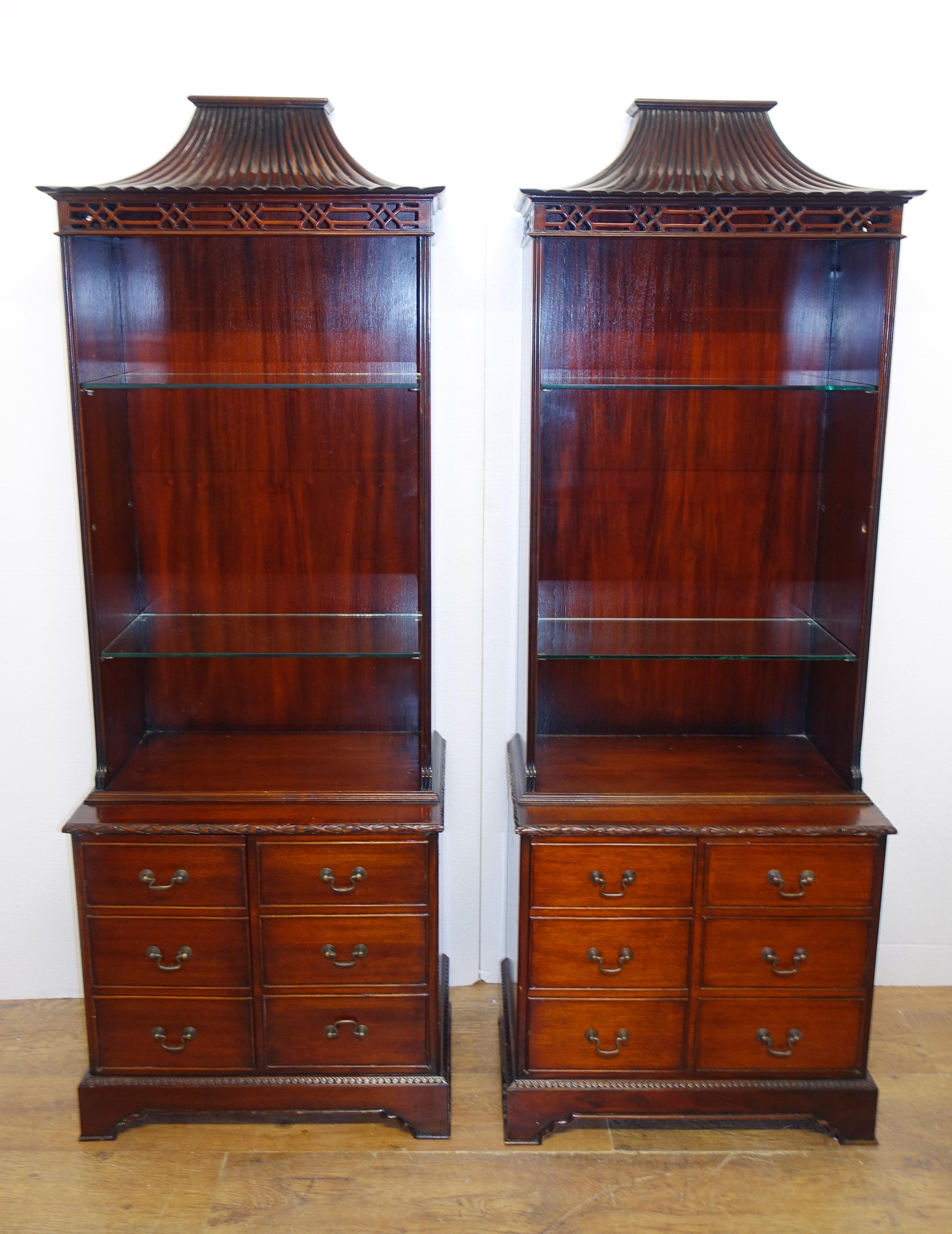 Pair Chinese Chippendale Bookcases Cabinets Mahogany Pagoda 1890 14