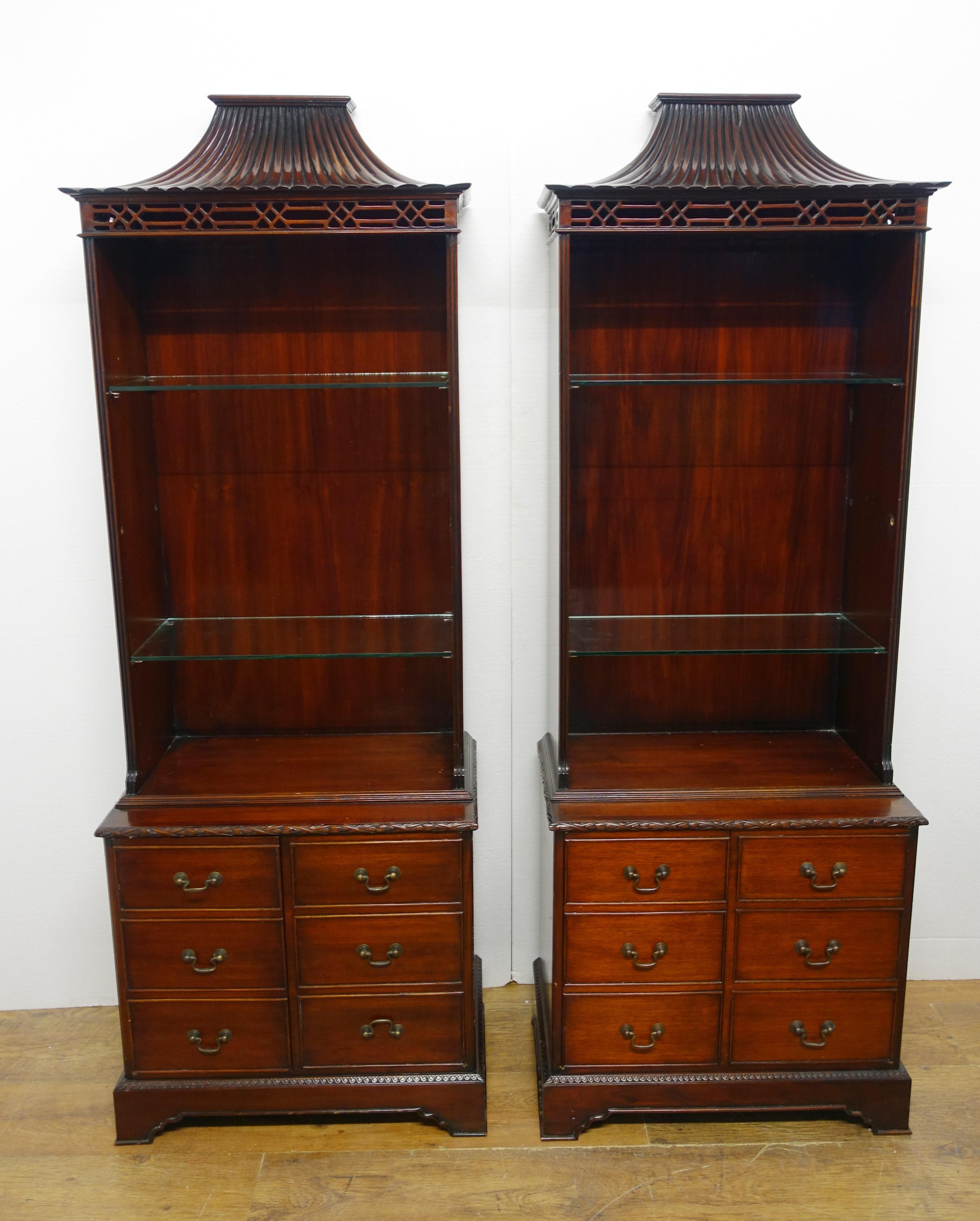 Pair Chinese Chippendale Bookcases Cabinets Mahogany Pagoda 1890 15