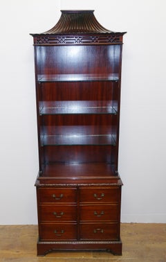 Pair Chinese Chippendale Bookcases Cabinets Mahogany Pagoda 1890