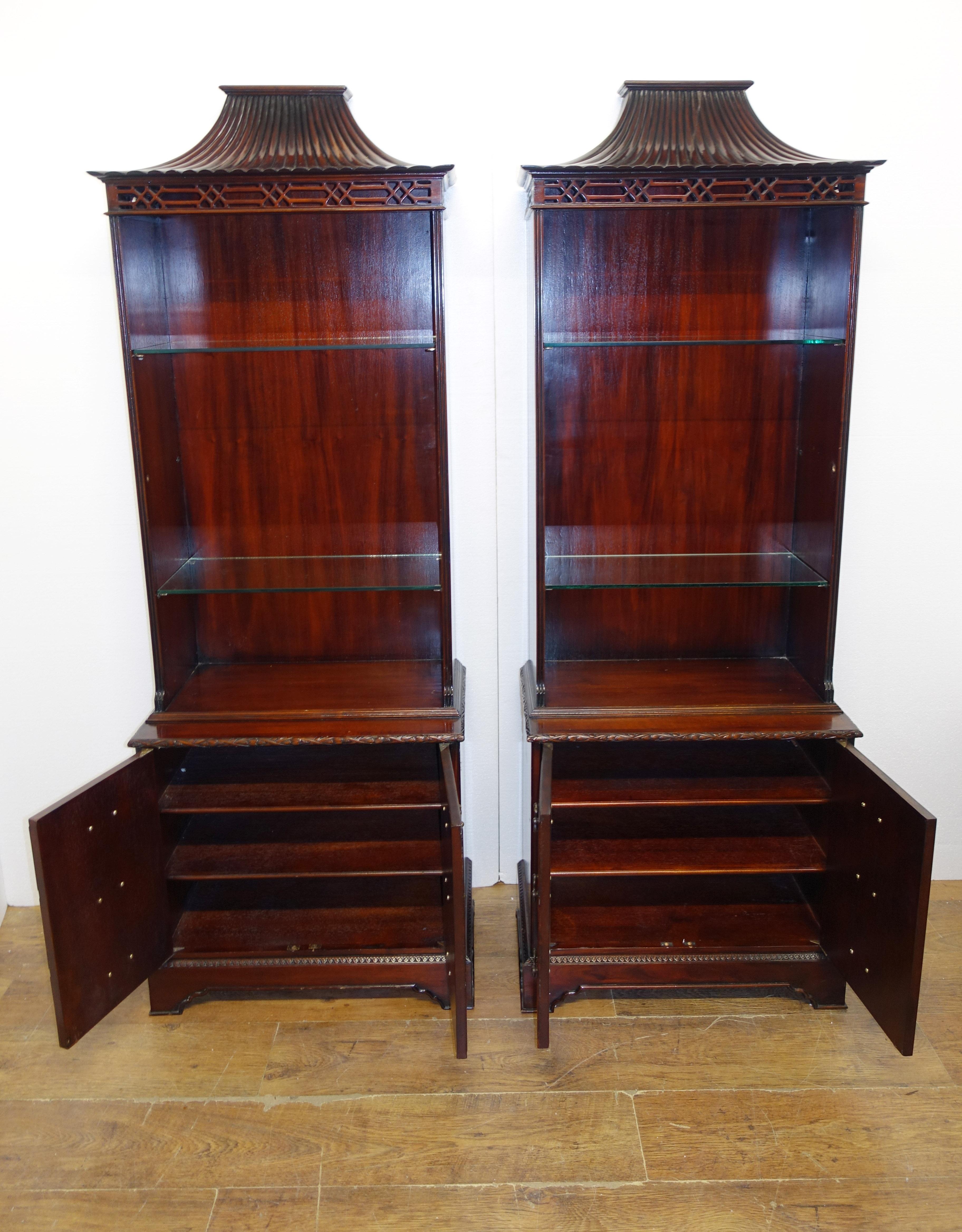 Pair Chinese Chippendale Bookcases Cabinets Mahogany Pagoda 1890 16