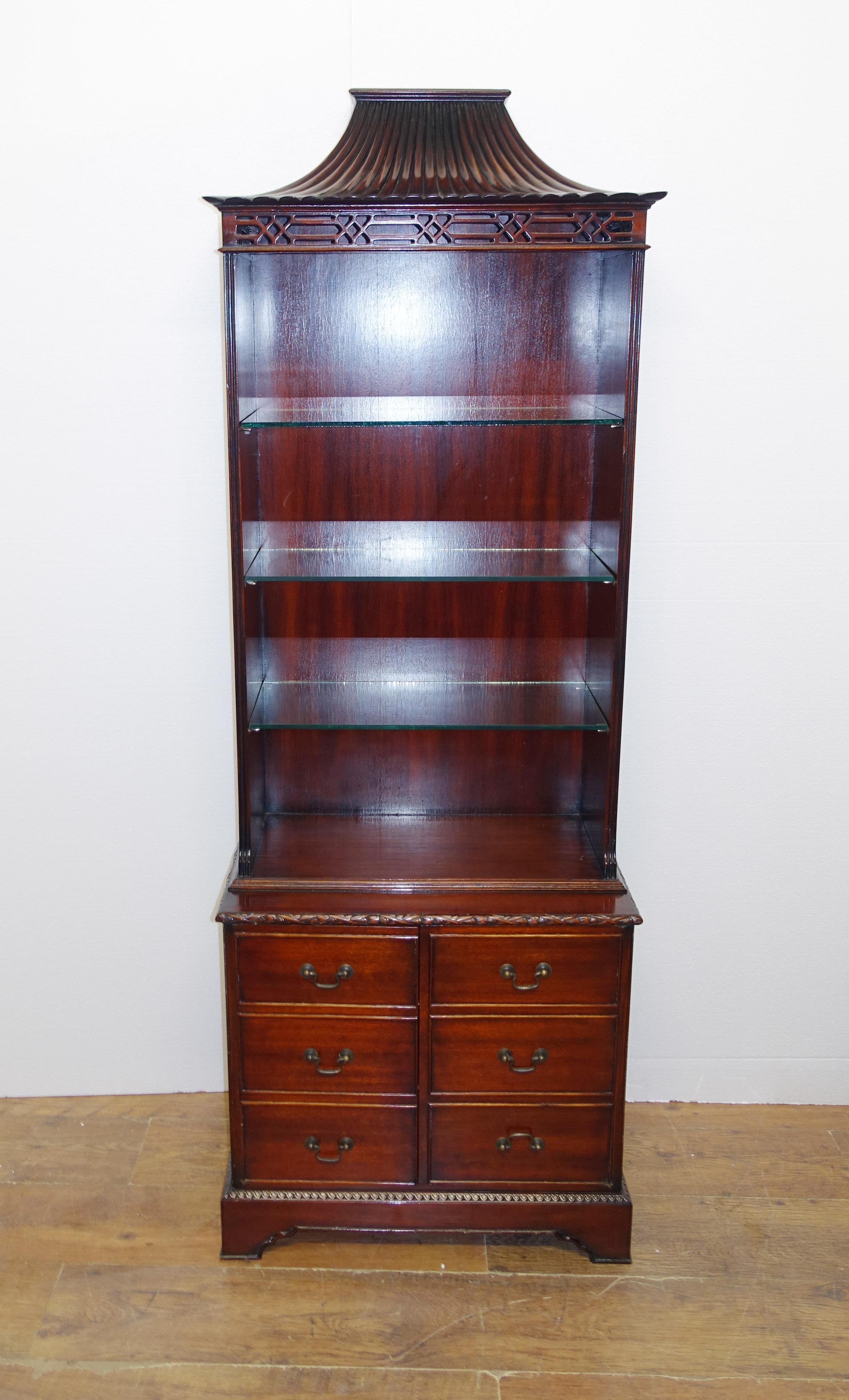 Late 19th Century Pair Chinese Chippendale Bookcases Cabinets Mahogany Pagoda 1890