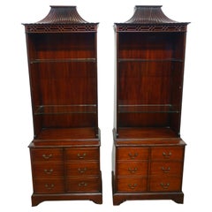 Antique Pair Chinese Chippendale Bookcases Cabinets Mahogany Pagoda 1890