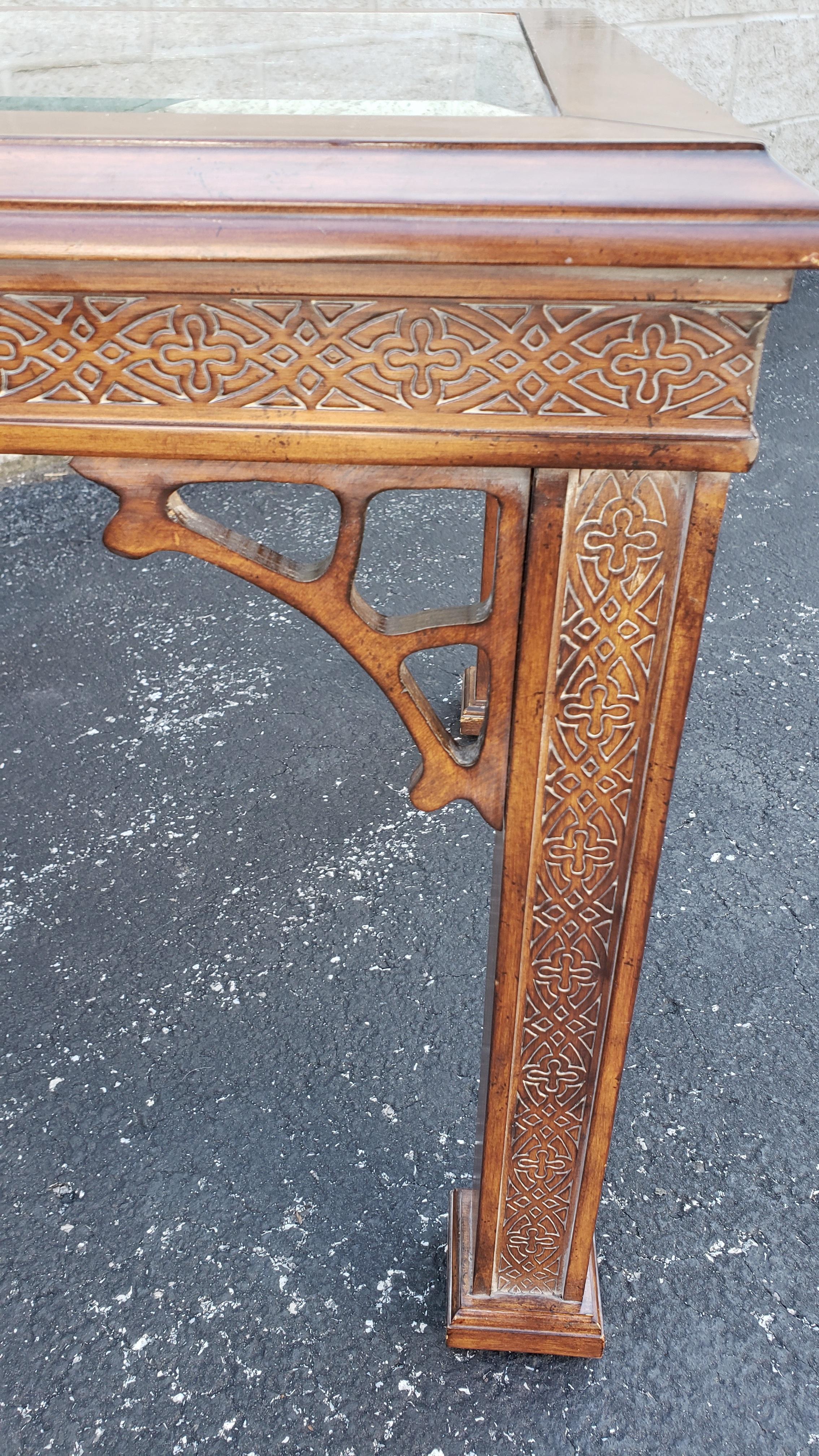 Rococo Pair Chinese Chippendale Fruitwood Glass Inset Side Tables For Sale