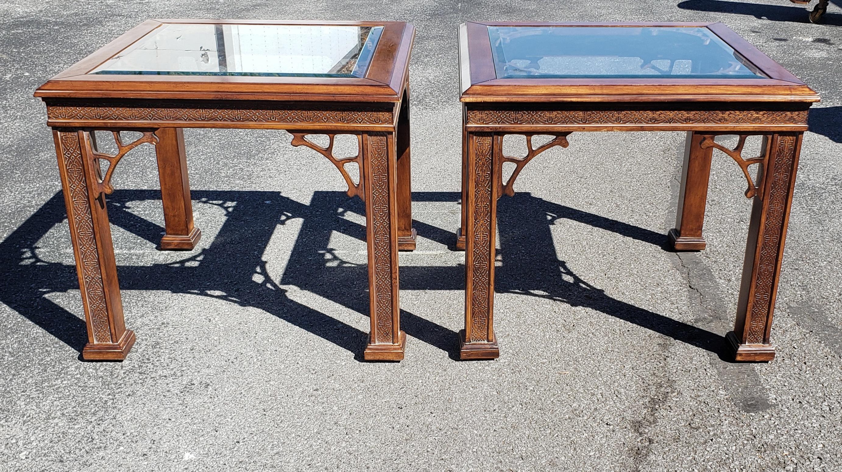 American Pair Chinese Chippendale Fruitwood Glass Inset Side Tables For Sale