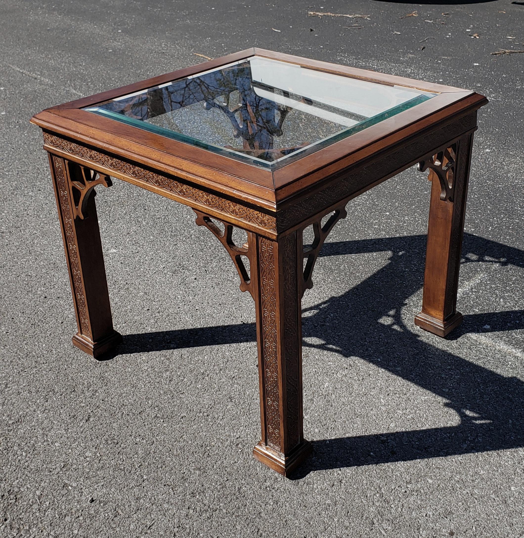 Pair Chinese Chippendale Fruitwood Glass Inset Side Tables In Good Condition For Sale In Germantown, MD