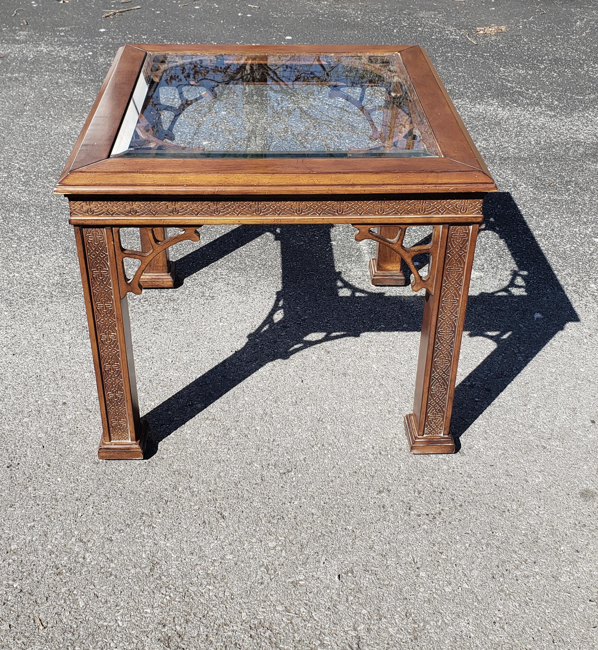 Pair Chinese Chippendale Fruitwood Glass Inset Side Tables For Sale 1