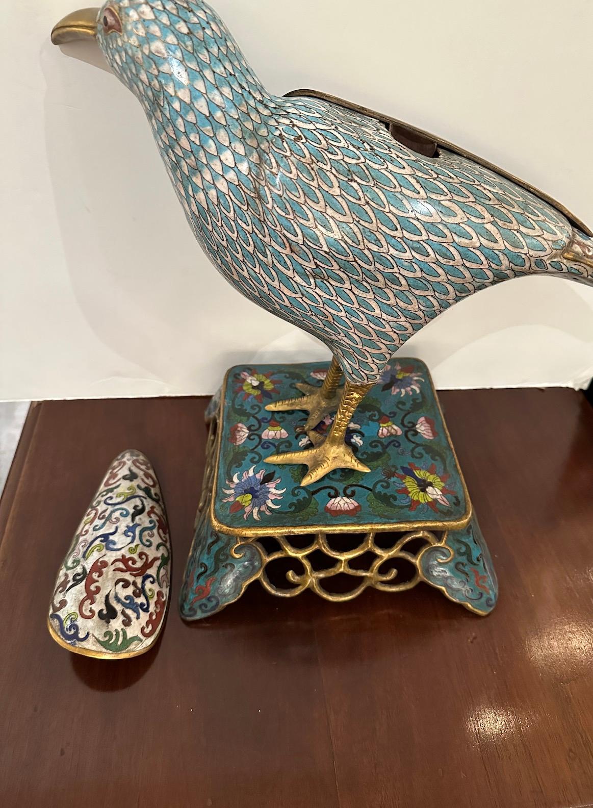 Pair Chinese Cloisonné Birds on Stands  In Good Condition For Sale In Newport Beach, CA