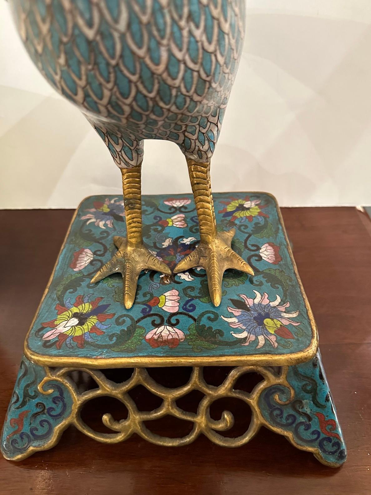 Metal Pair Chinese Cloisonné Birds on Stands  For Sale