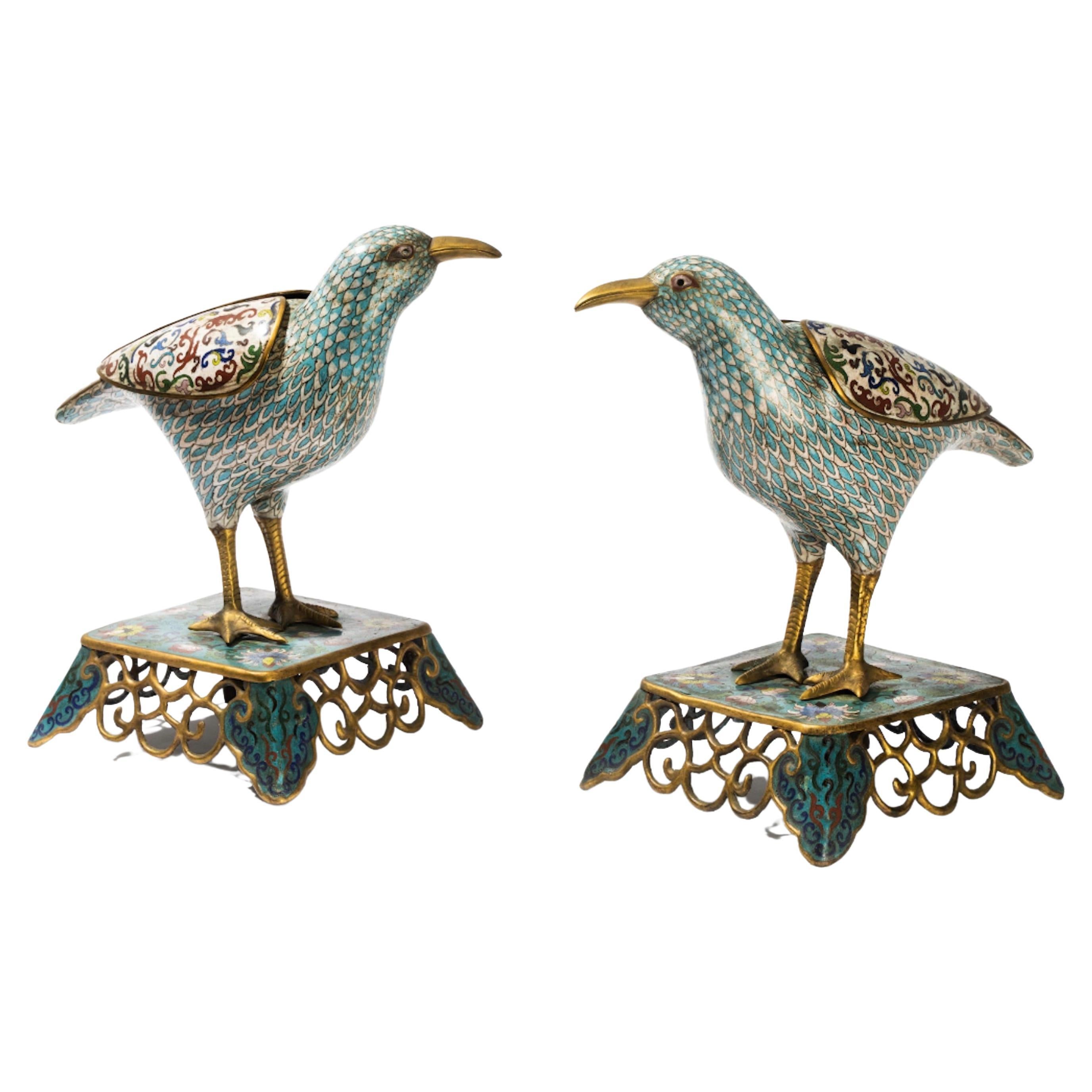 Pareja de pájaros chinos de cloisonné sobre peanas