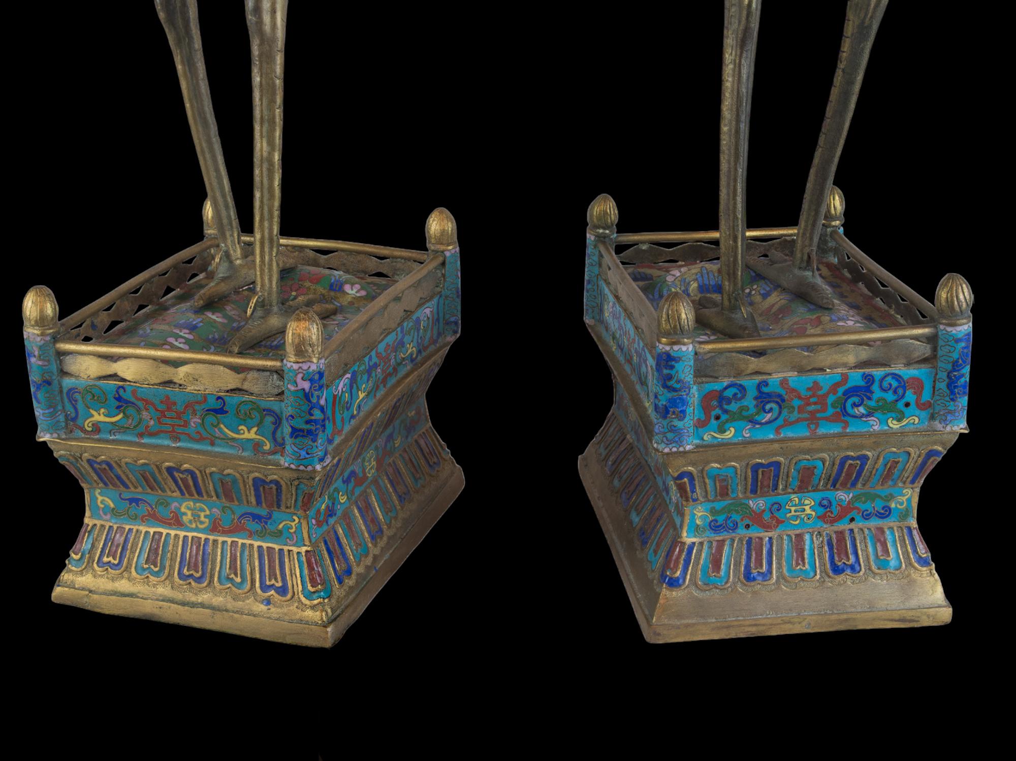 Pair Chinese Cloisonné Cranes as Candlestick Prickets For Sale 3