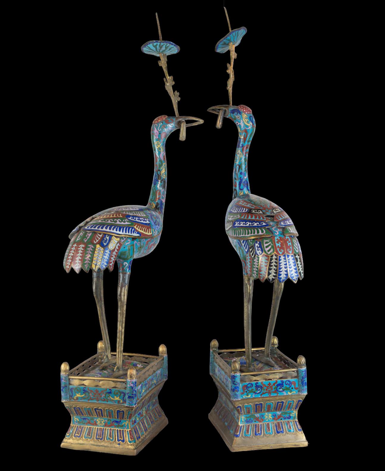 Chinoiserie Pair Chinese Cloisonné Cranes as Candlestick Prickets For Sale