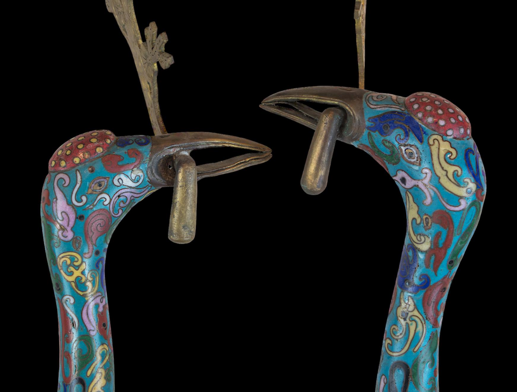 Pair Chinese Cloisonné Cranes as Candlestick Prickets In Good Condition For Sale In New York, NY