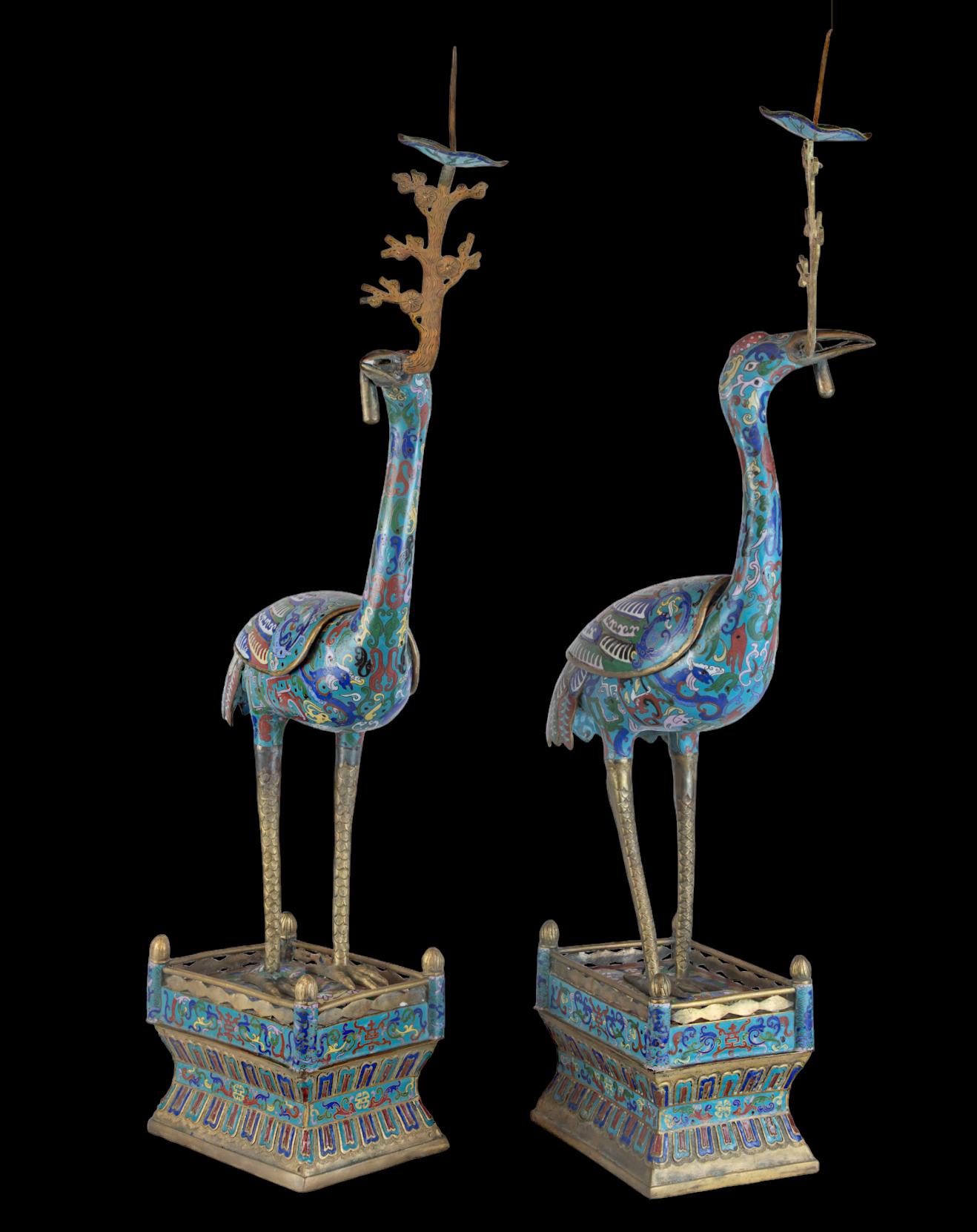 Pair Chinese Cloisonné Cranes as Candlestick Prickets For Sale 2