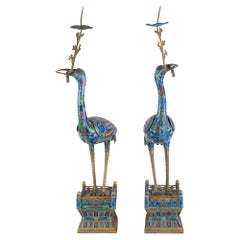 Pair Chinese Cloisonné Cranes as Candlestick Prickets
