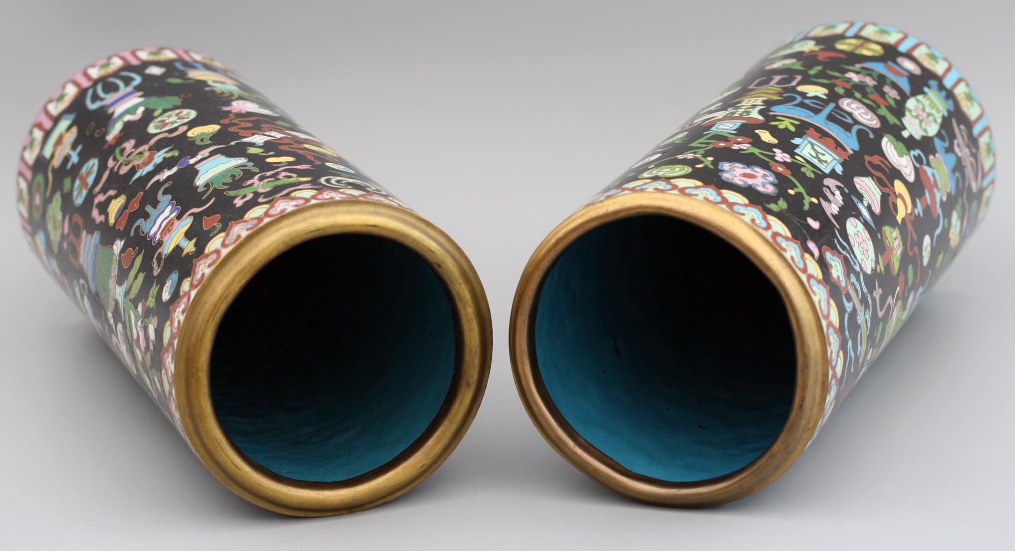 Pair of Chinese Cloisonné Cylindrical Precious Object Vases For Sale 7