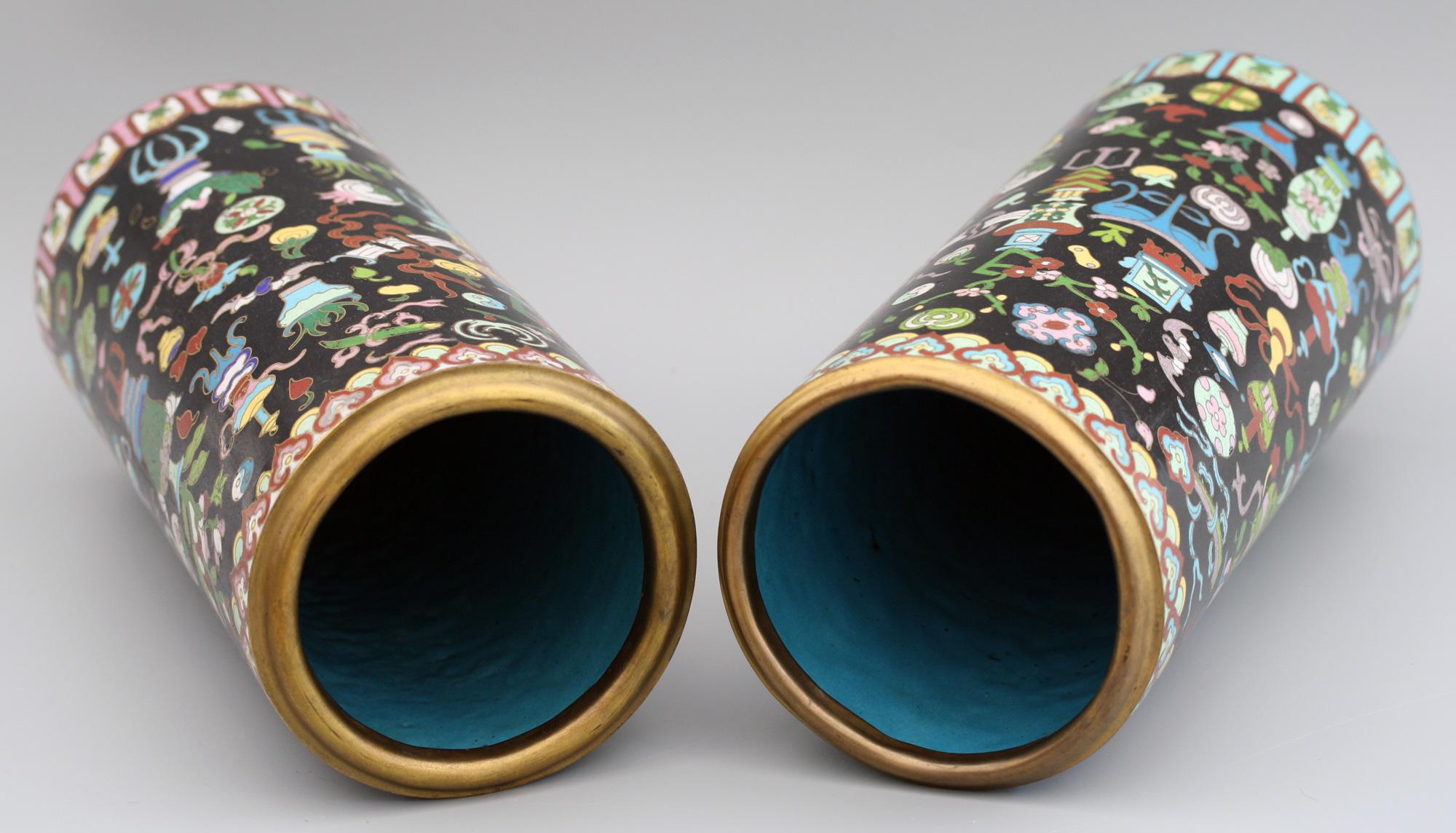Pair of Chinese Cloisonné Cylindrical Precious Object Vases For Sale 9