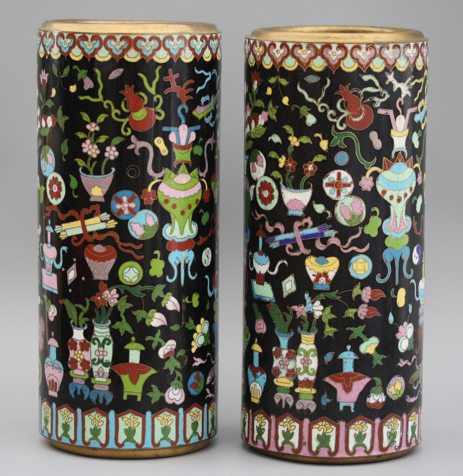 Pair of Chinese Cloisonné Cylindrical Precious Object Vases For Sale 11