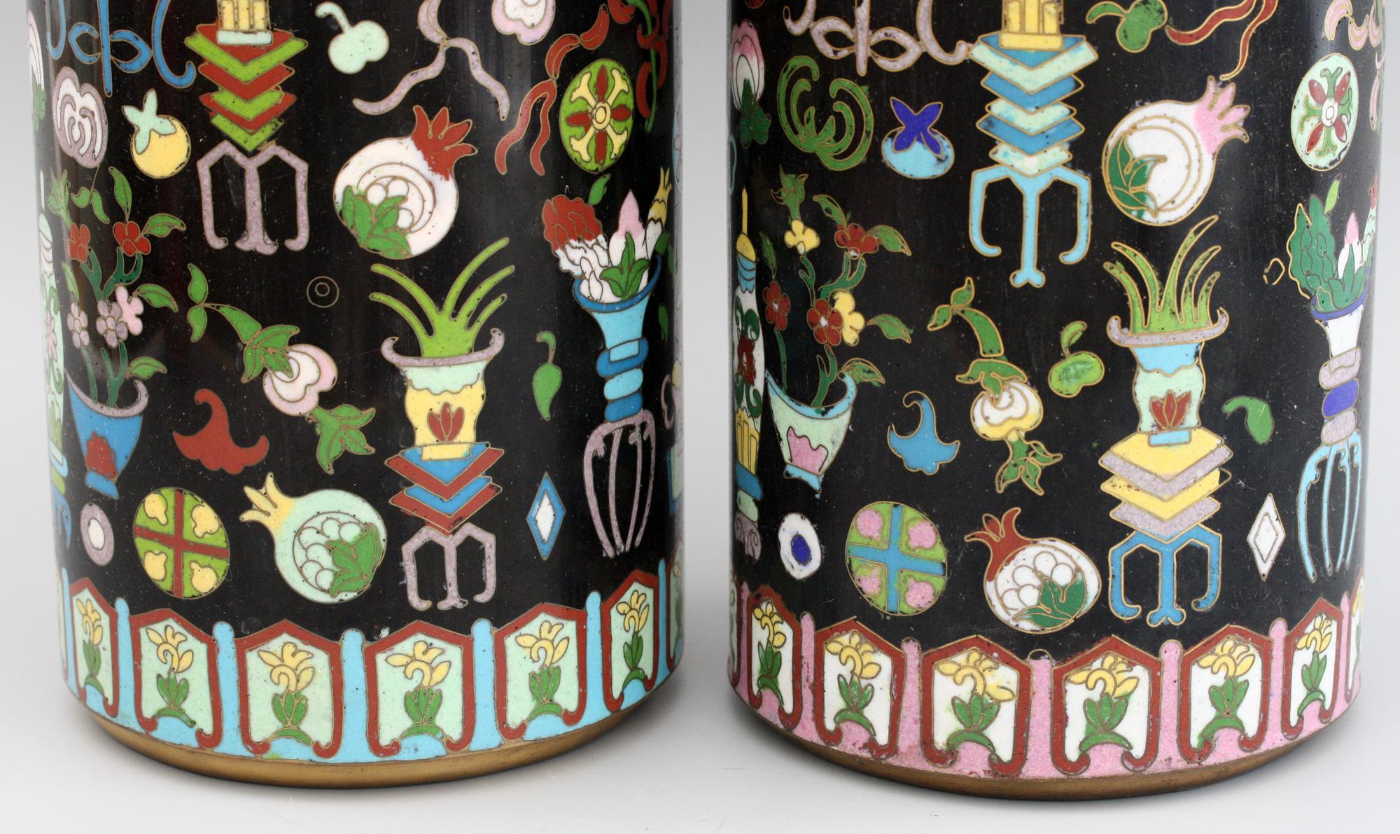 Pair of Chinese Cloisonné Cylindrical Precious Object Vases For Sale 12