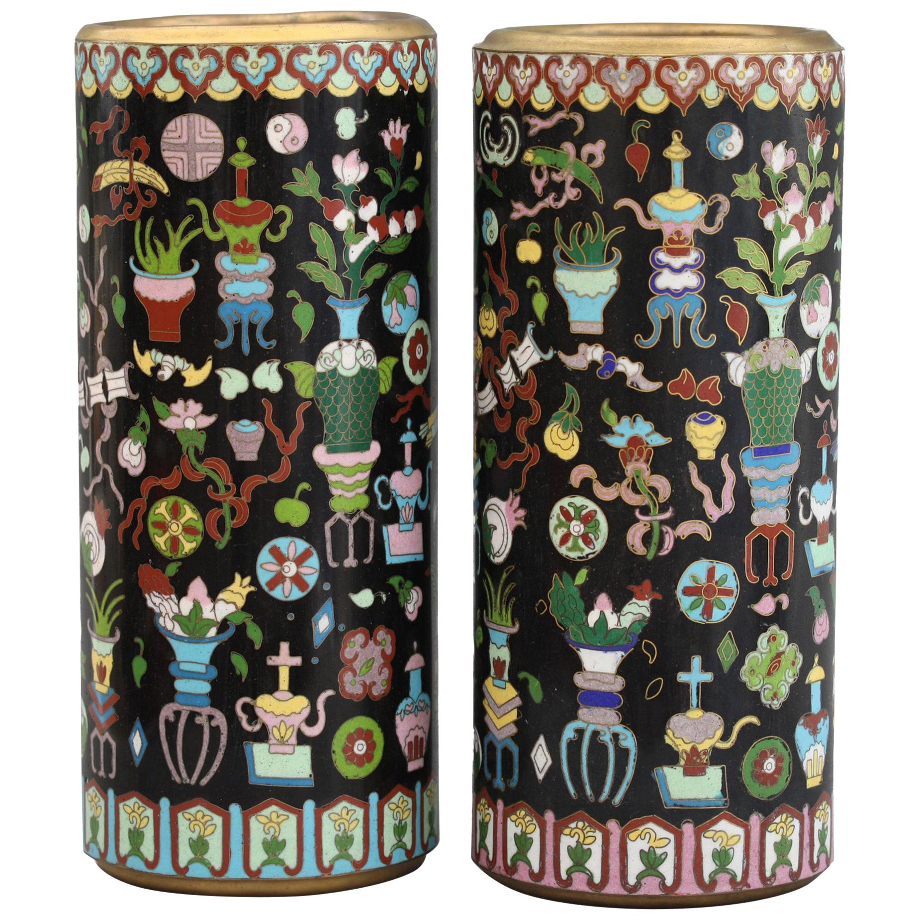 Pair of Chinese Cloisonné Cylindrical Precious Object Vases For Sale
