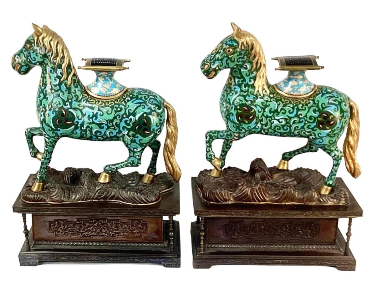 Pair Chinese Cloisonné Enamel Caparison Horse-Form Censers on Metal Bases 4