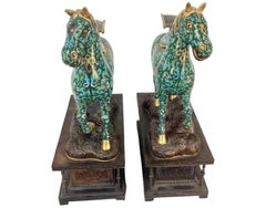 Pair Chinese Cloisonné Enamel Caparison Horse-Form Censers on Metal Bases