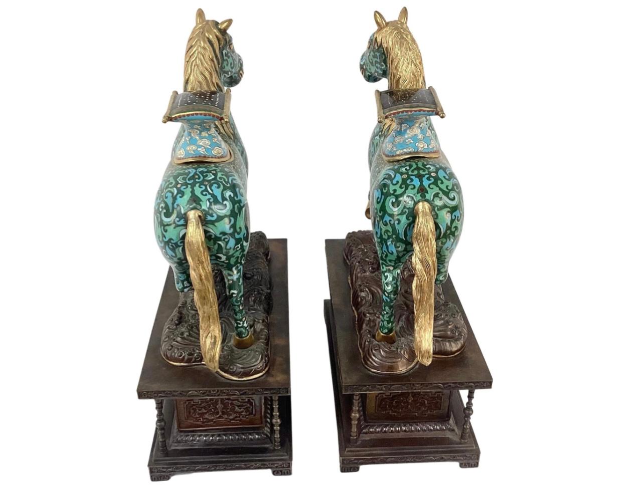 Chinese Export Pair Chinese Cloisonné Enamel Caparison Horse-Form Censers on Metal Bases