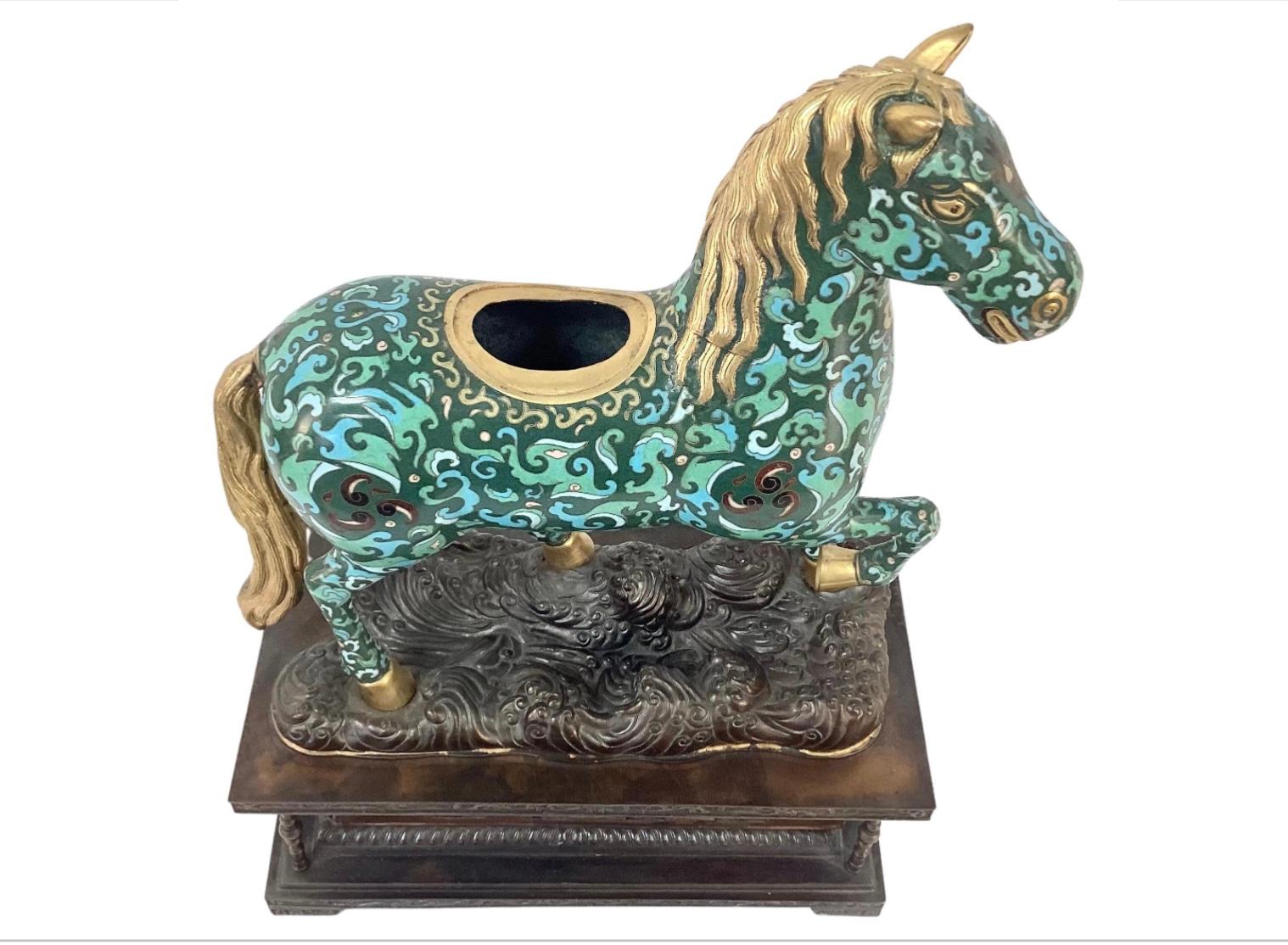 Cloissoné Pair Chinese Cloisonné Enamel Caparison Horse-Form Censers on Metal Bases