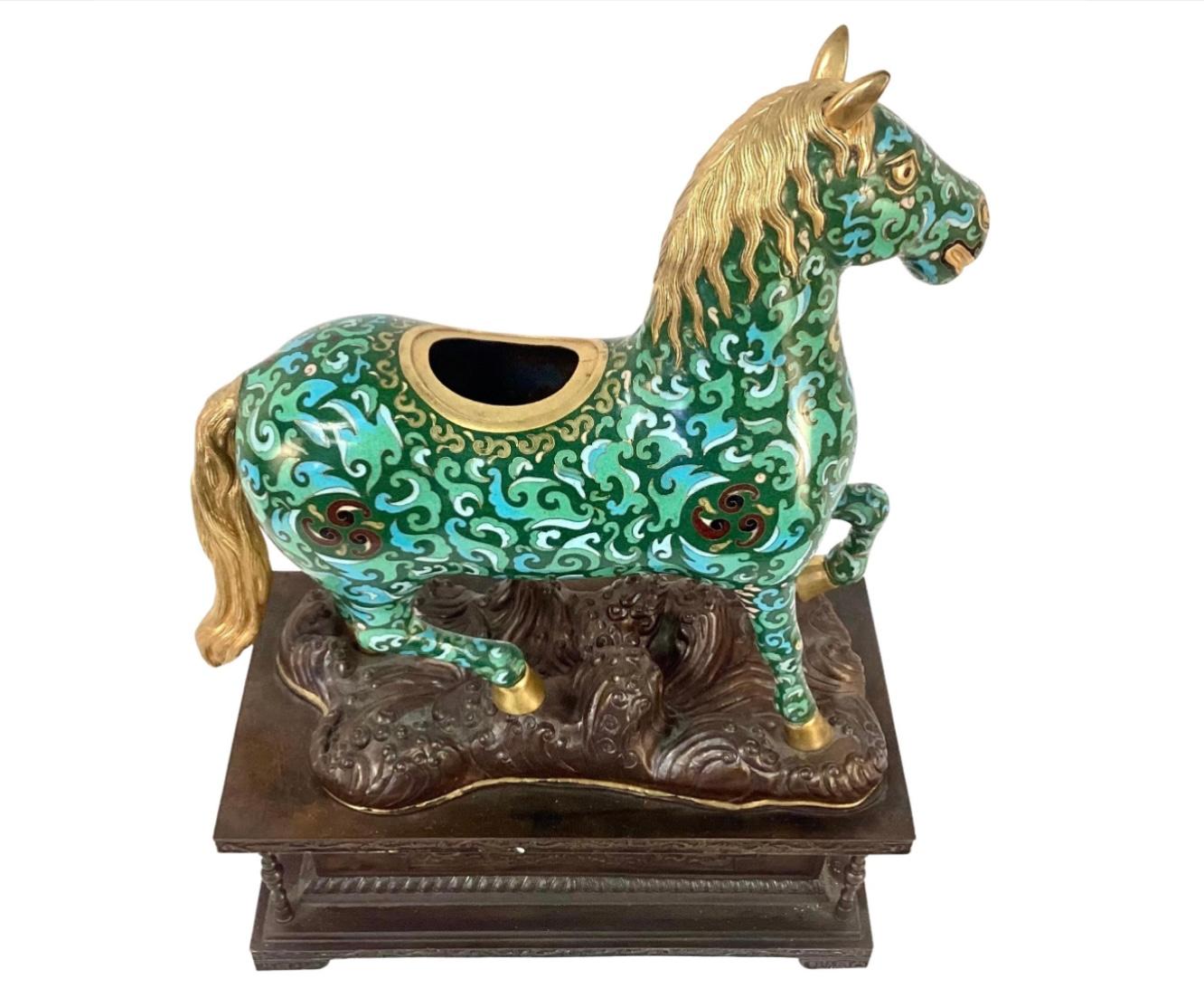 Pair Chinese Cloisonné Enamel Caparison Horse-Form Censers on Metal Bases In Good Condition In Bradenton, FL