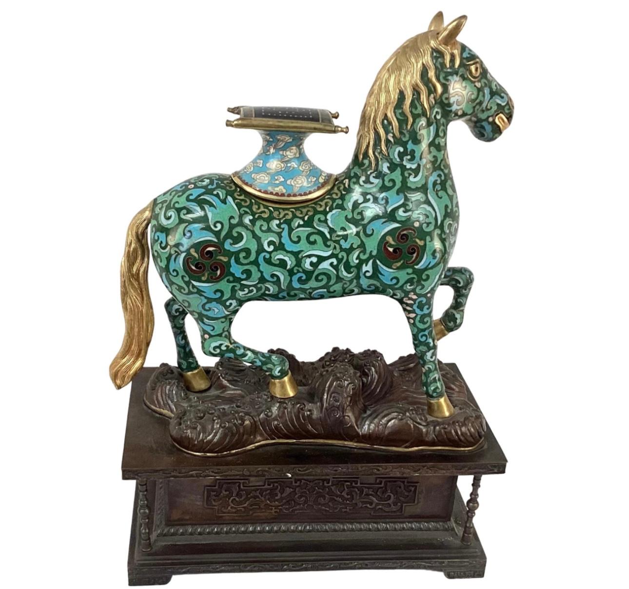20th Century Pair Chinese Cloisonné Enamel Caparison Horse-Form Censers on Metal Bases